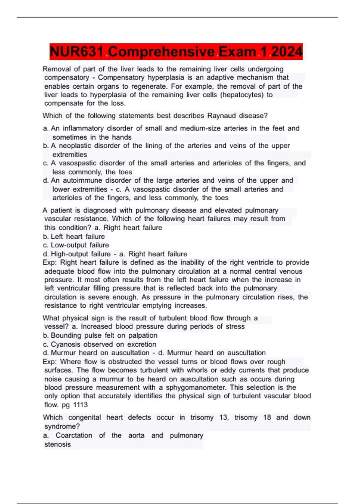 NUR631 Comprehensive Exam 1 2024 - NUR631 Comprehensive - Stuvia US
