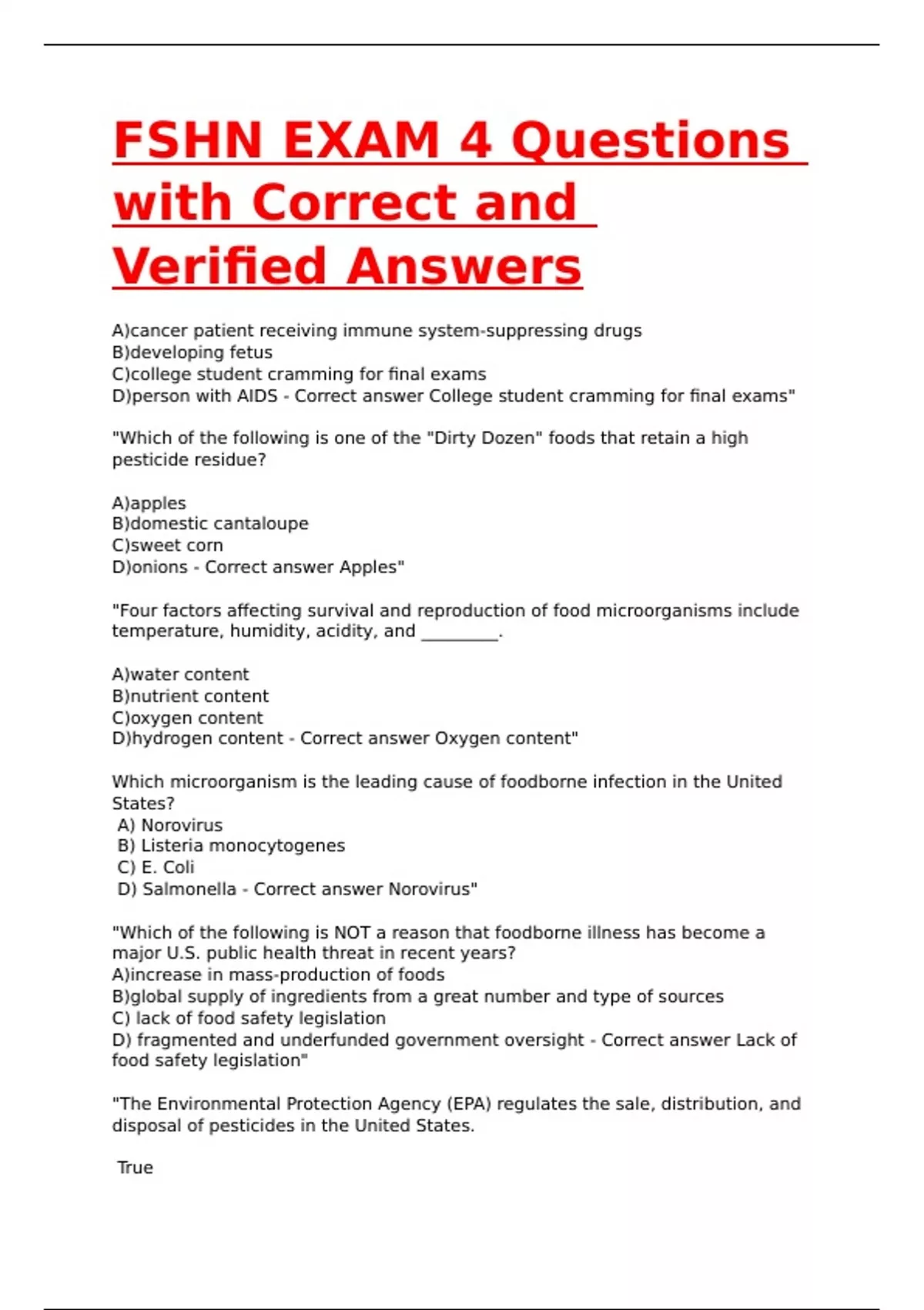 FSHN EXAM 4 Questions with Correct and Verified Answers - FSHN - Stuvia US