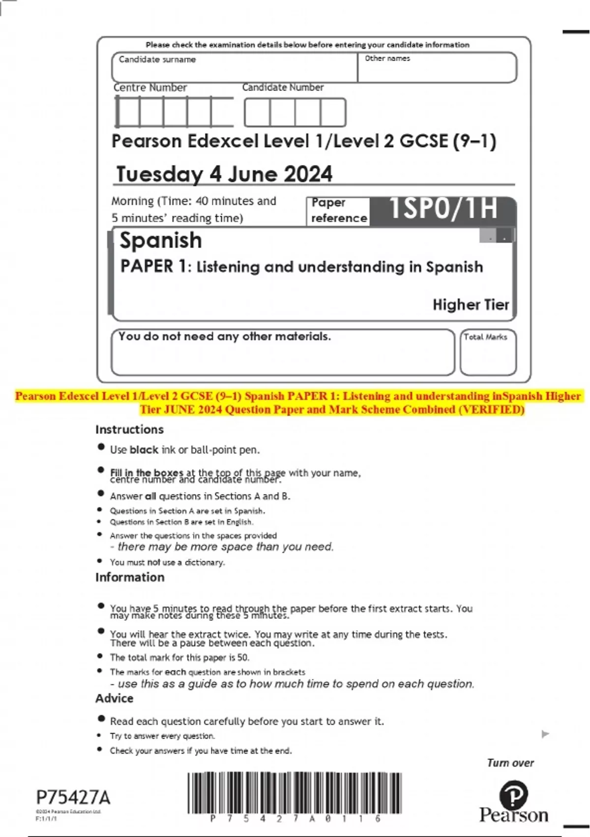 Pearson Edexcel Level 1/Level 2 GCSE (9–1) Spanish PAPER 1: Listening ...