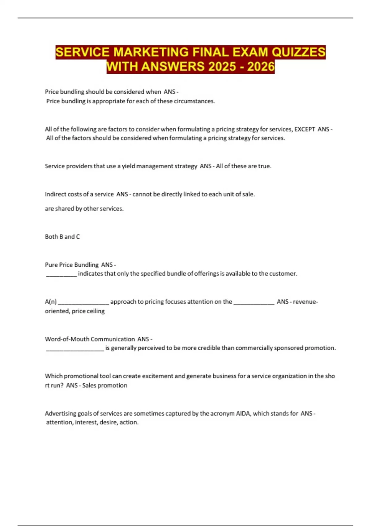 SERVICE MARKETING FINAL EXAM QUIZZES WITH ANSWERS - AIDA - Stuvia US
