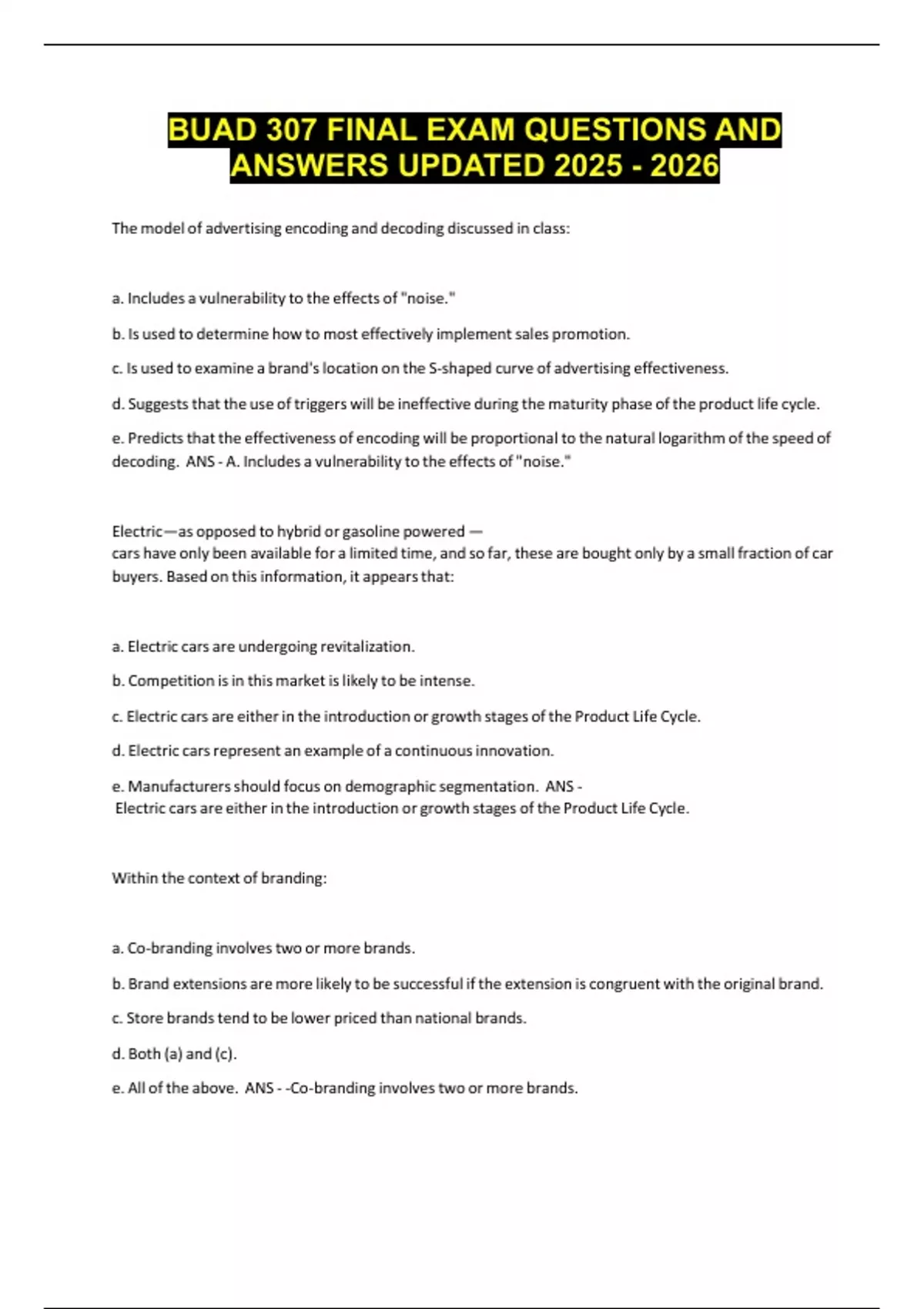 BUAD 307 FINAL EXAM QUESTIONS AND ANSWERS UPDATED - AIDA - Stuvia US
