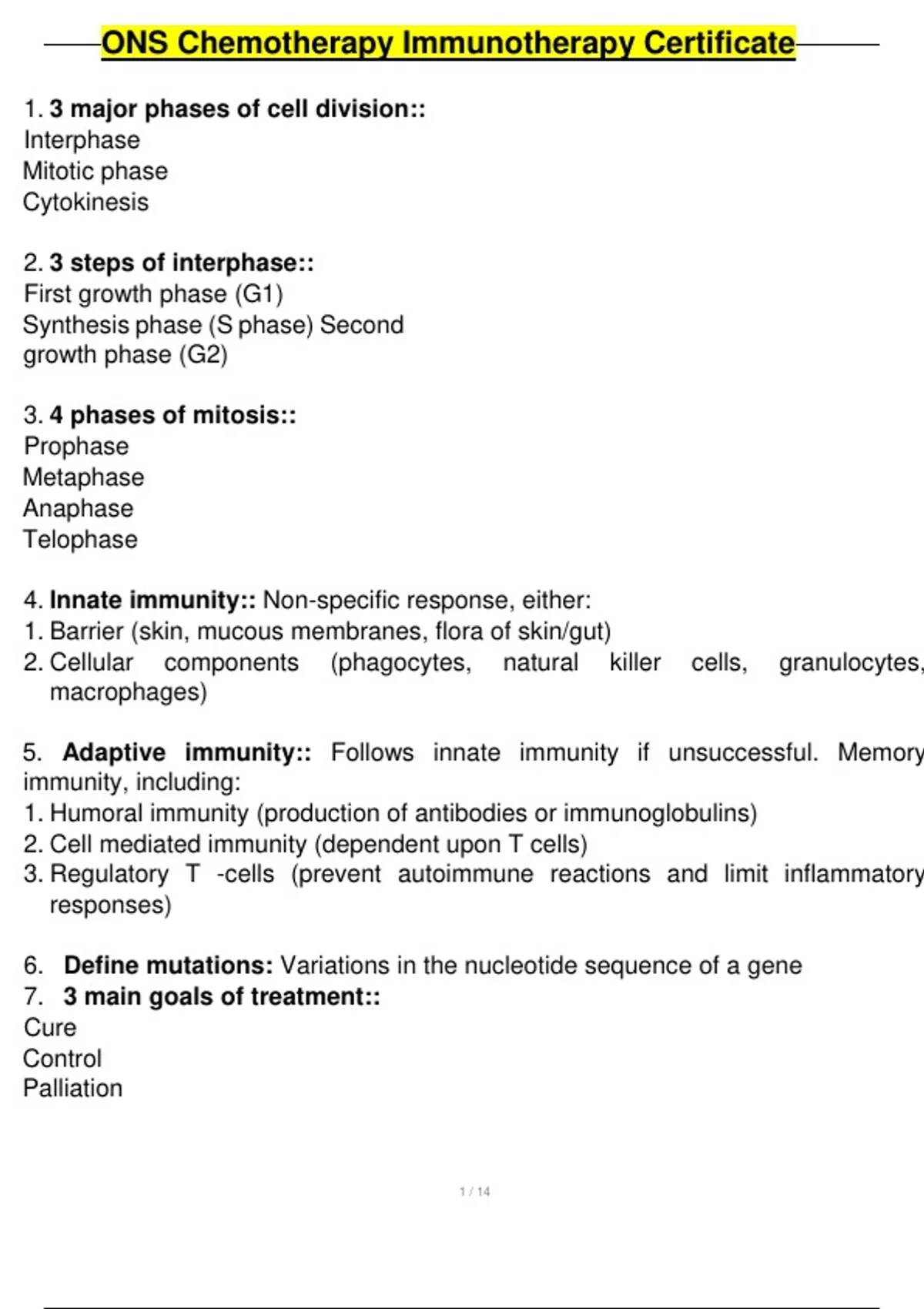 ONS Chemotherapy Immunotherapy Certificate EXAM QUIZ AND ANSWERS 2025 ...