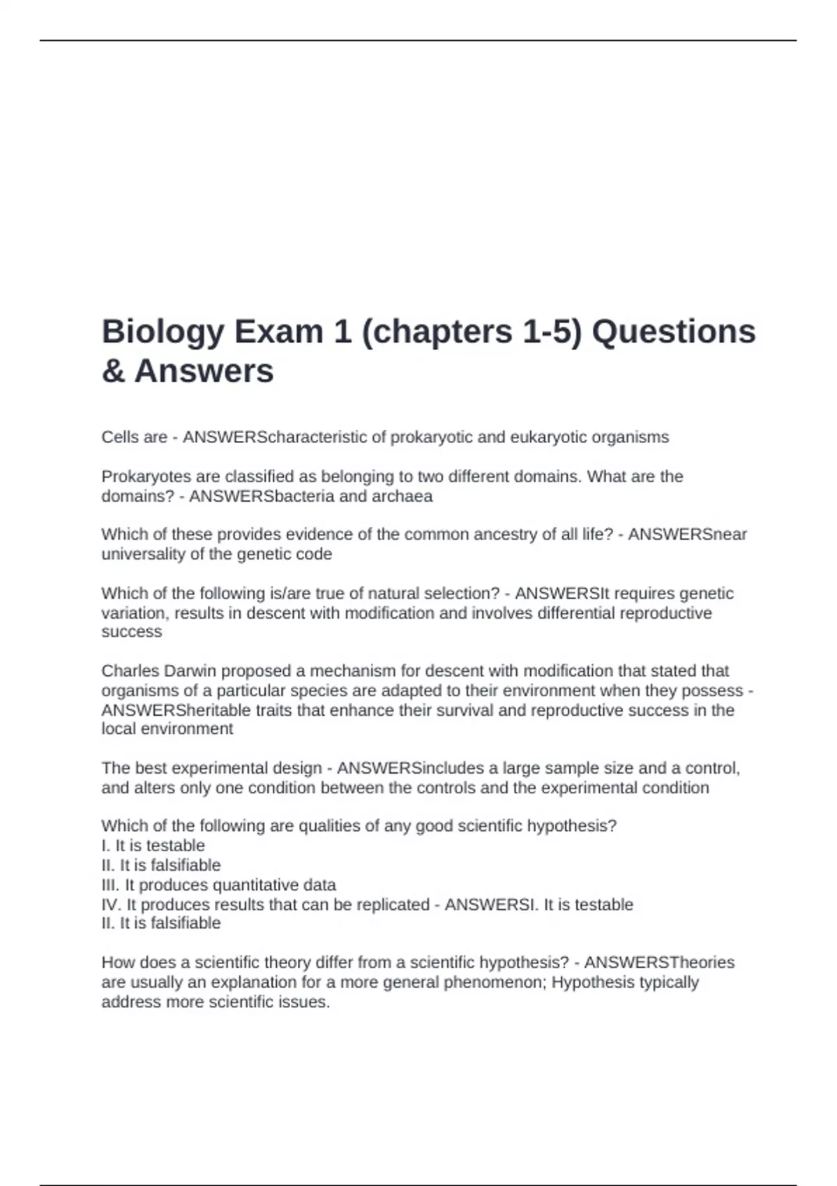 Biology Exam 1 (chapters 1-5) Questions & Answers - Biology - Stuvia US