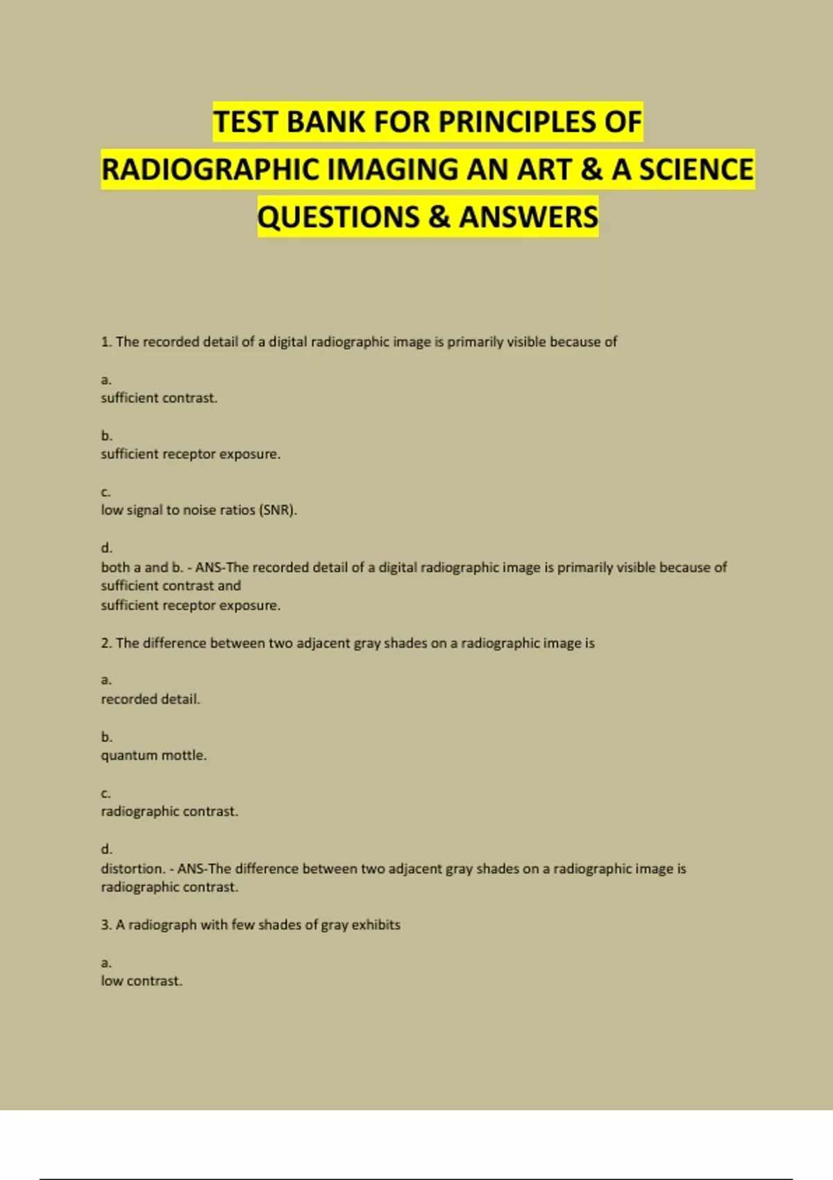TEST BANK FOR PRINCIPLES OF RADIOGRAPHIC IMAGING AN ART & A SCIENCE ...