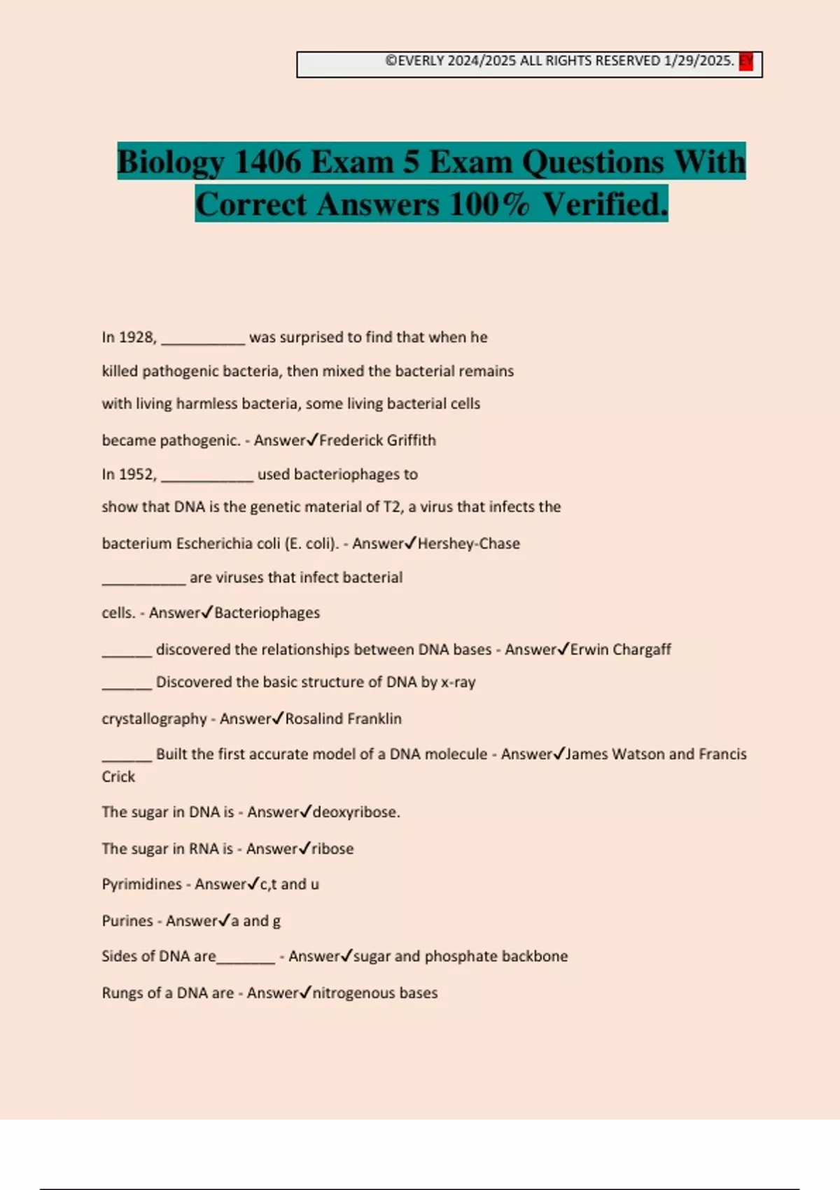 Biology 1406 Exam 5 Exam Questions With Correct Answers 100% Verified ...