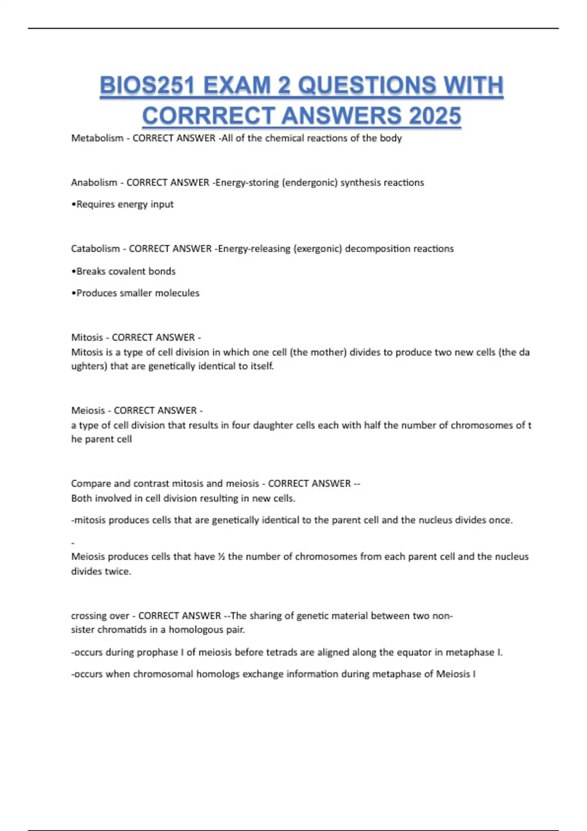 BIOS251 EXAM 2 QUESTIONS WITH CORRRECT ANSWERS 2025 - BIOS251/ BIOS 251 ...