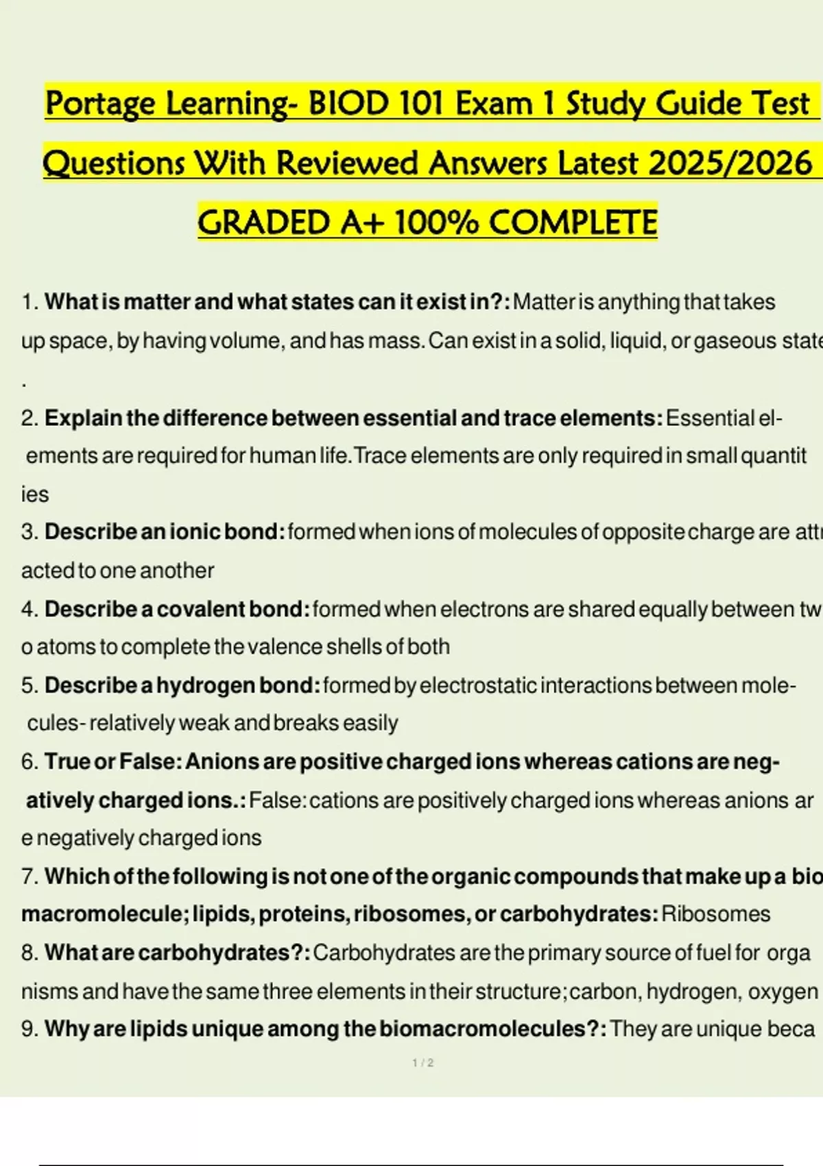 Portage Learning- BIOD 101 Exam 1 Study Guide Test Questions With ...