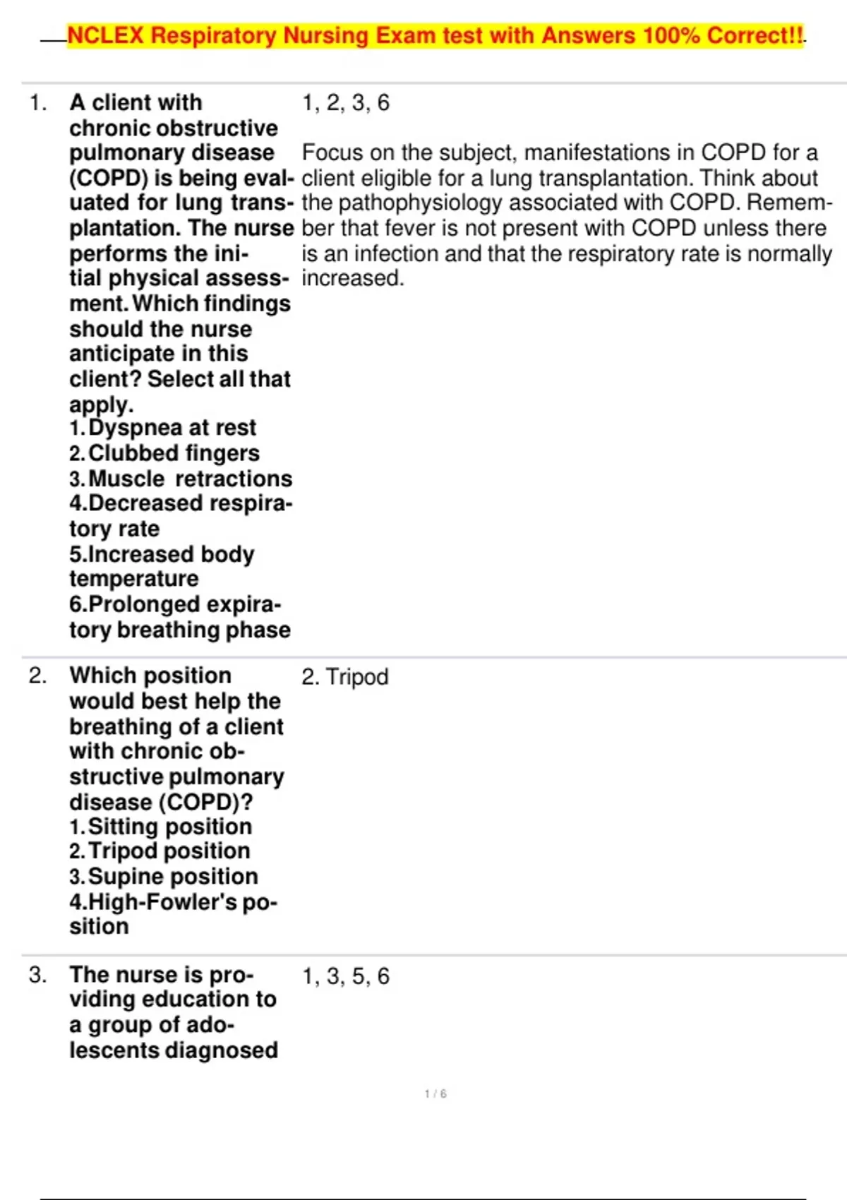 NCLEX Respiratory Nursing Exam test with Answers 100% Correct!! - NCLEX ...