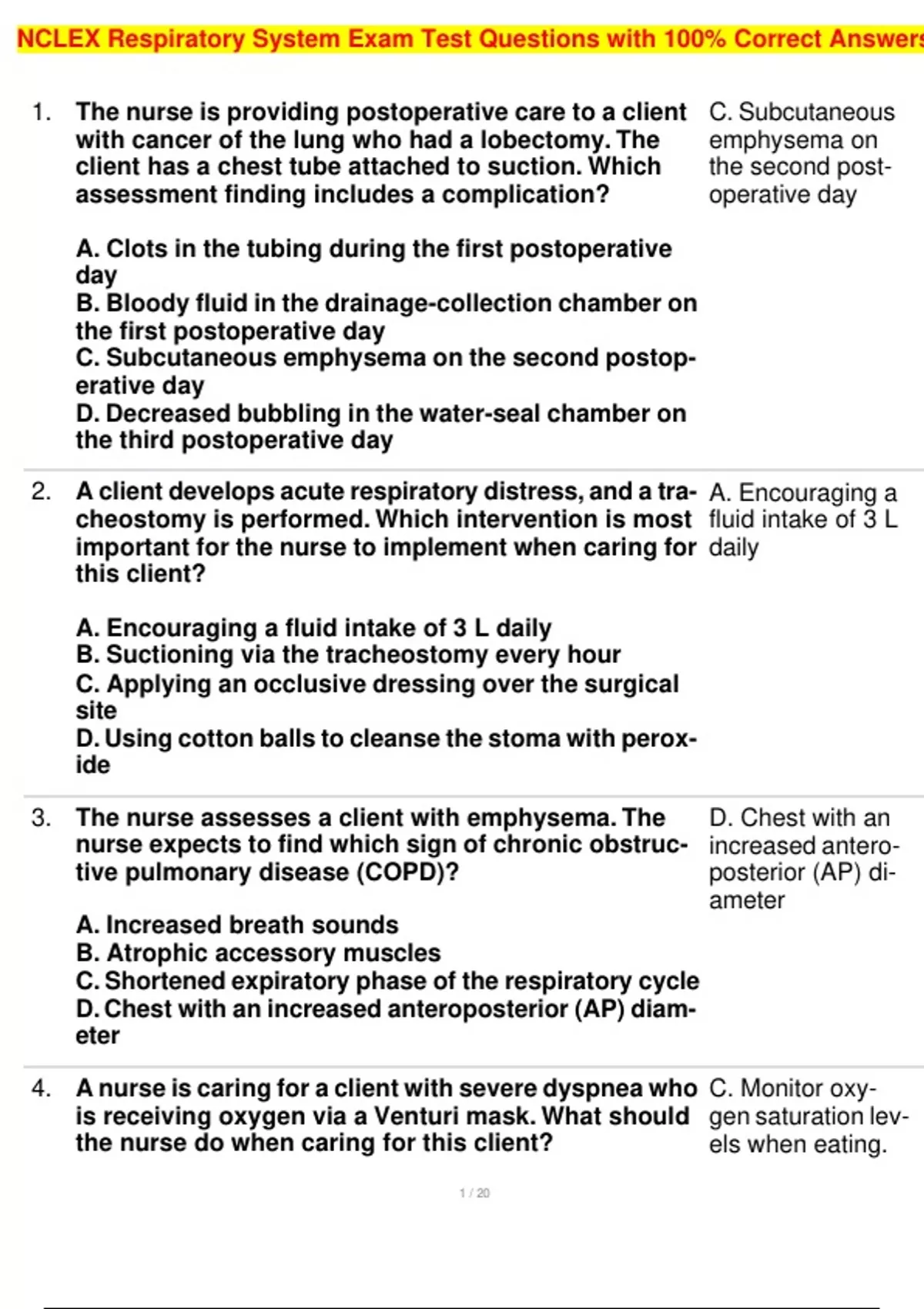 NCLEX Respiratory System Exam Test Questions with 100% Correct Answers ...
