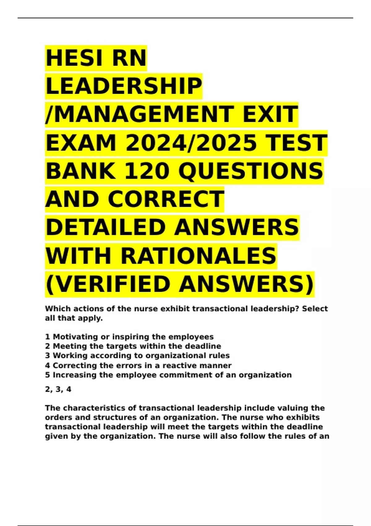 HESI RN LEADERSHIP MANAGEMENT EXIT EXAM TEST BANK 120 QUESTIONS - HESI ...