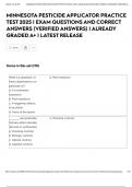 MINNESOTA PESTICIDE APPLICATOR PRACTICE TEST 2025 &vert;  EXAM QUESTIONS AND CORRECT ANSWERS &lpar;VERIFIED ANSWERS&rpar; &vert; ALREADY GRADED A&plus; &vert; LATEST RELEASE