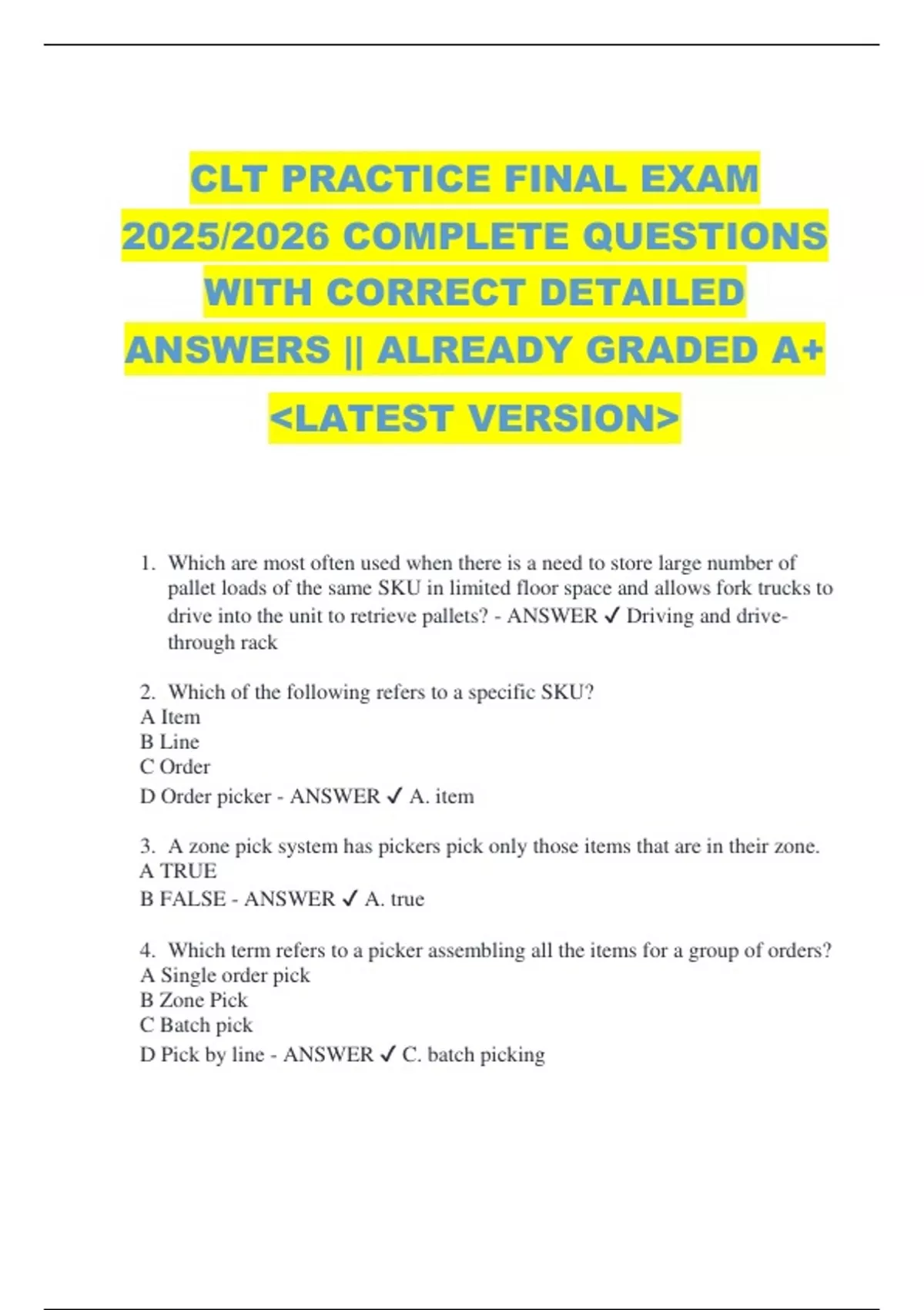 Clt10 Math Problems CLT PRACTICE FINAL EXAM 2025/2026 COMPLETE QUESTIONS WITH CORRECT ...