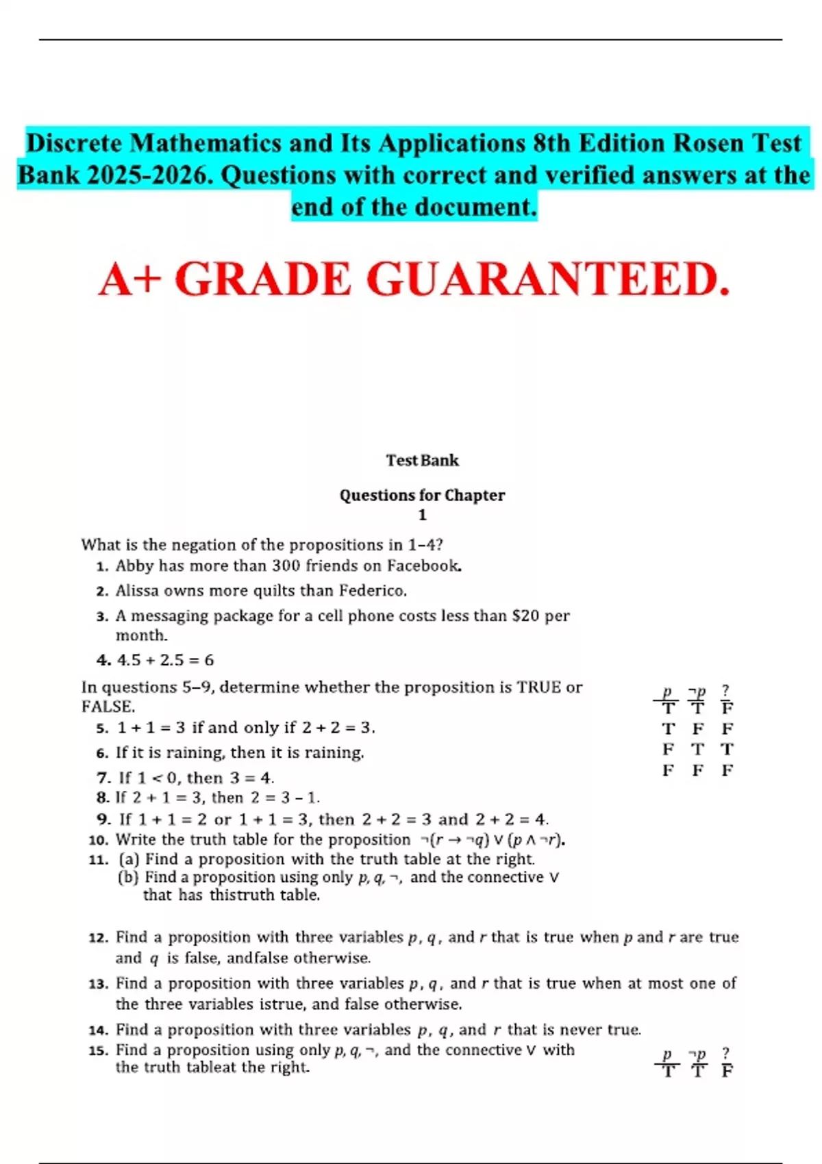 Discrete Mathematics and Its Applications 8th Edition Rosen Test Bank ...
