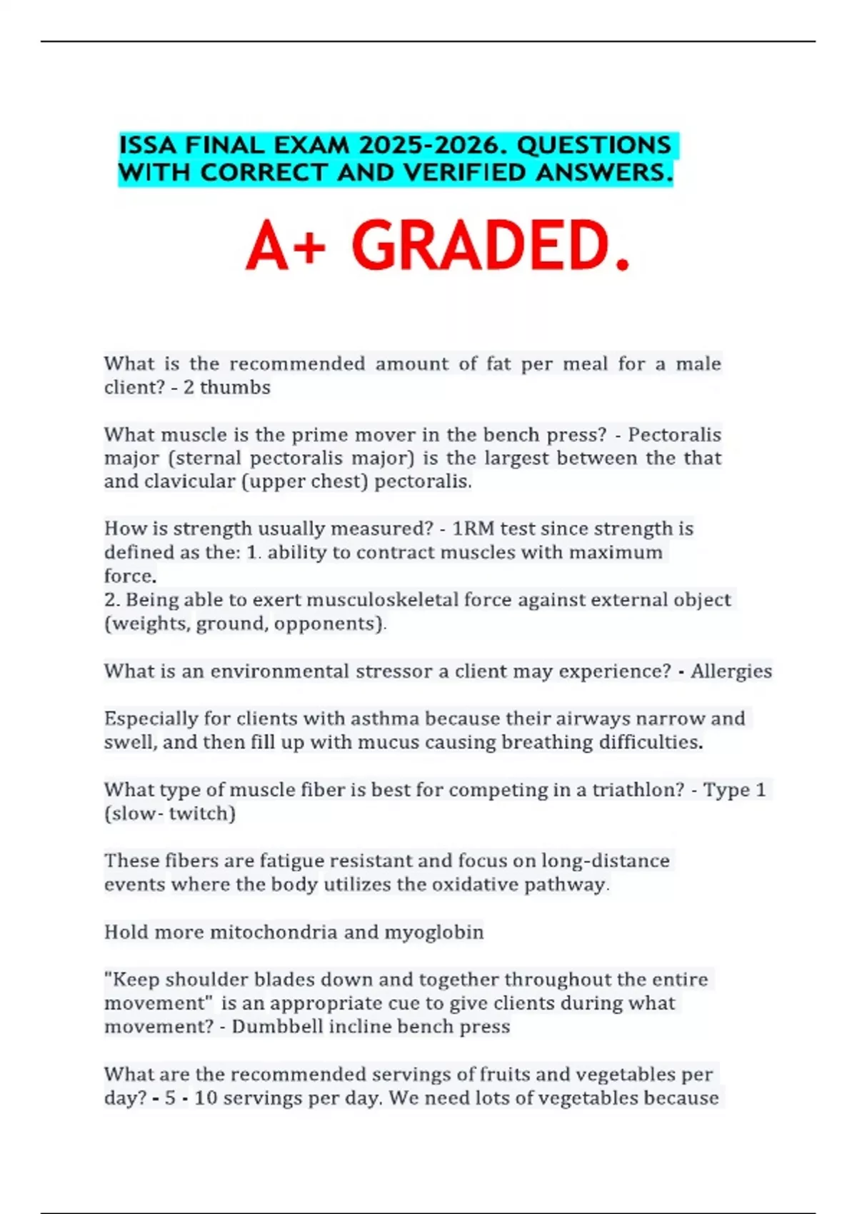 ISSA FINAL EXAM . QUESTIONS WITH CORRECT AND VERIFIED ANSWERS. A+ ...
