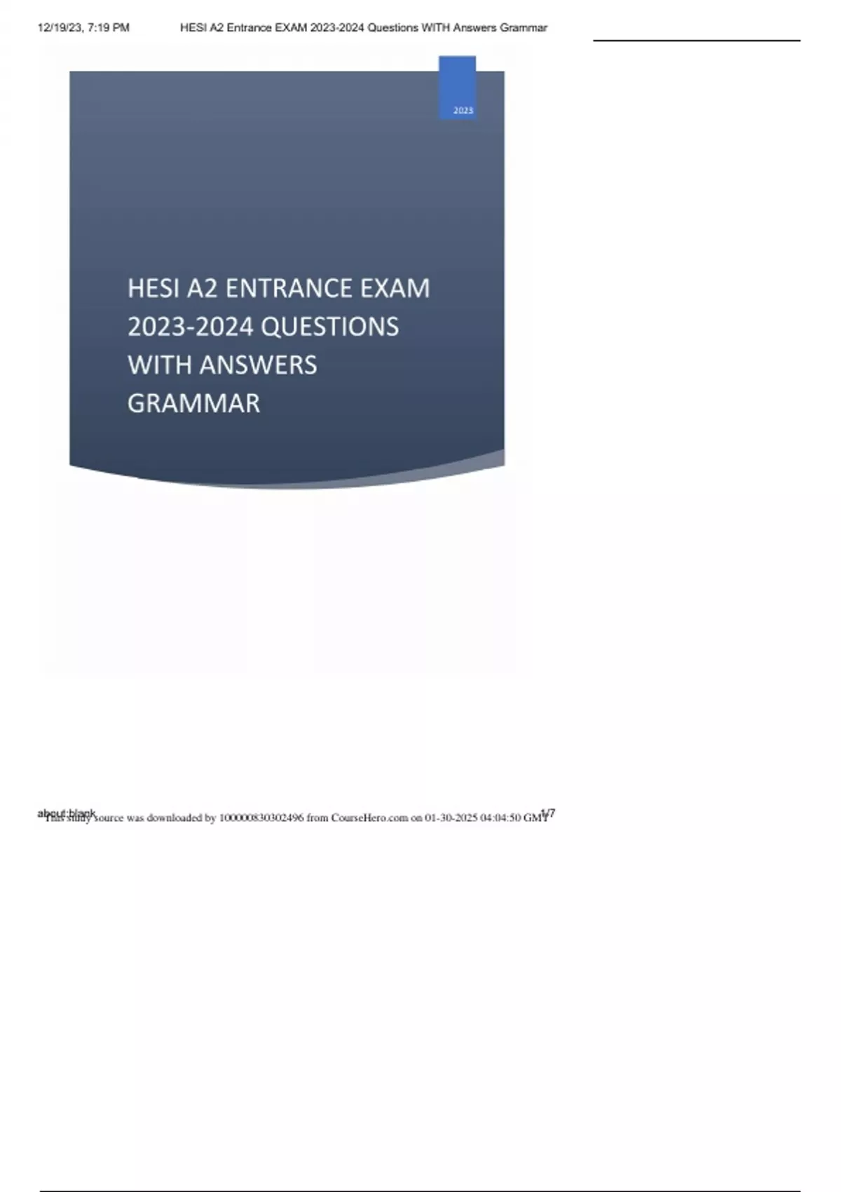 HESI A2 ENTRANCE EXAM, | A GRADE - Hesi A2 - Stuvia US