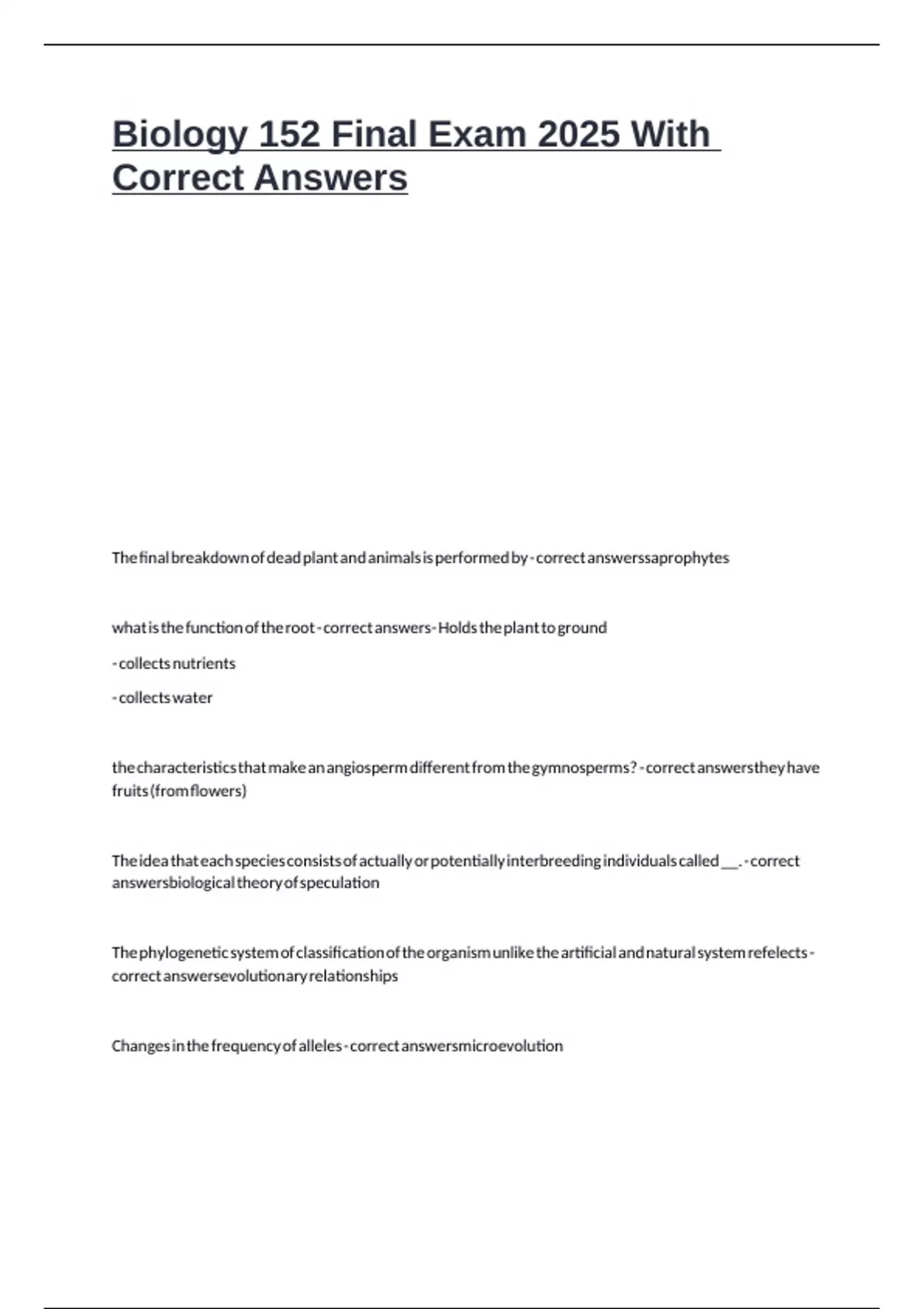 Biology 152 Final Exam 2025 With Correct Answers. - Bio 152 - Stuvia US