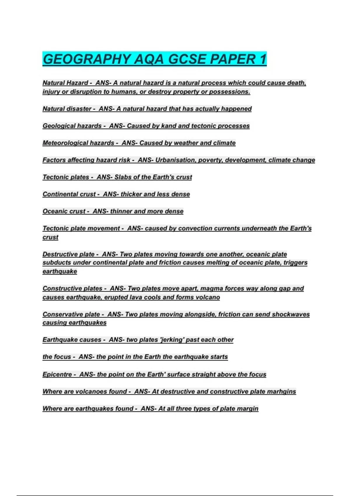 GEOGRAPHY AQA GCSE PAPER 1 EXAM QUESTIONS WITH CORRECT ANSWERS 2025/ ...