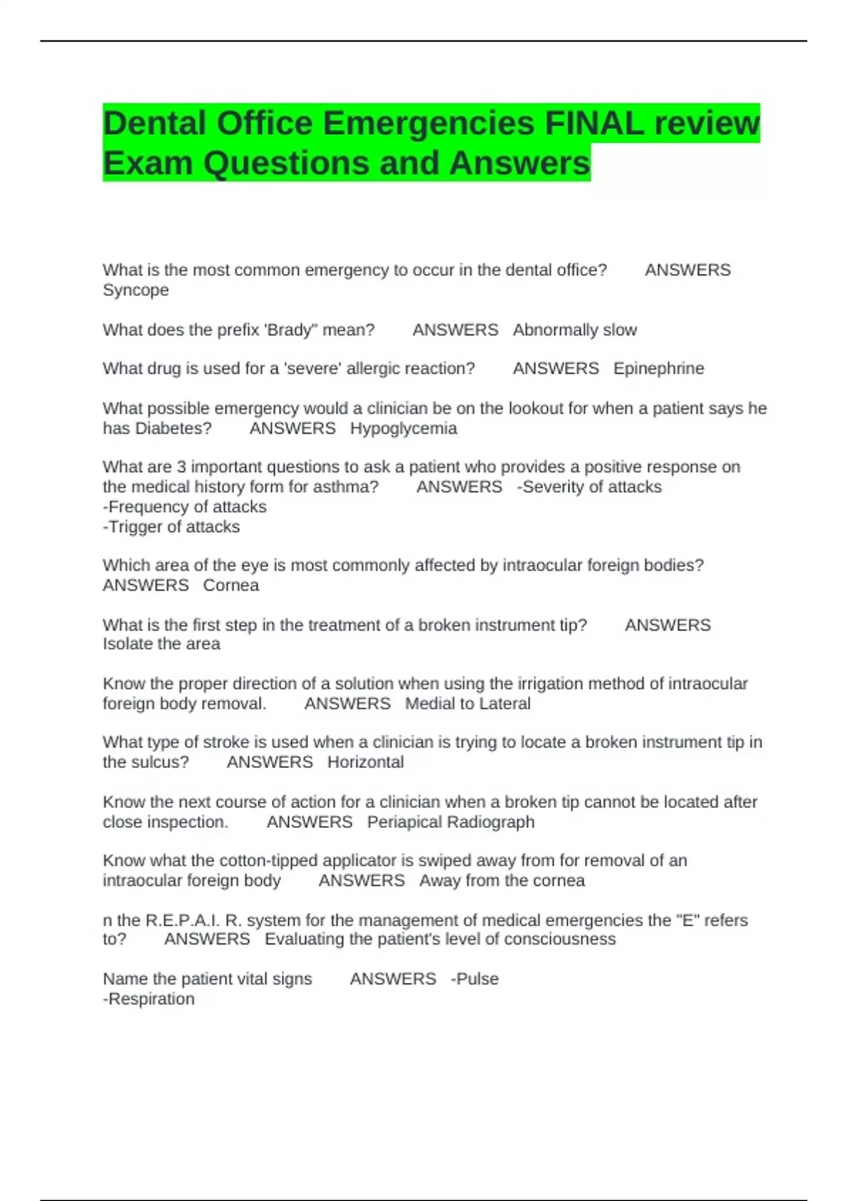 Dental Office Emergencies FINAL review Exam Questions and Answers ...