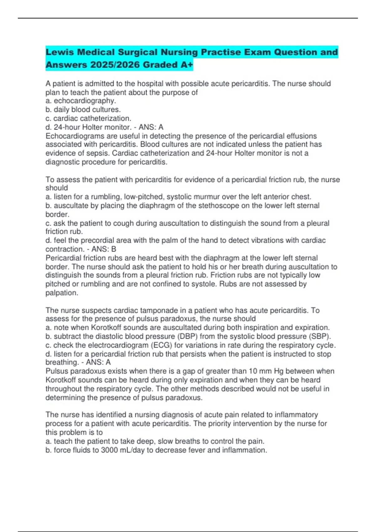 Lewis Medical Surgical Nursing Practise Exam Question and Answers 2025/ ...
