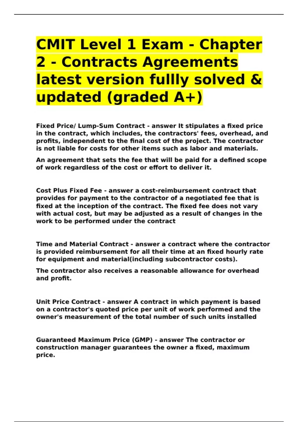 CMIT Level 1 Exam - Chapter 2 - Contracts Agreements latest version fullly solved & updated ...