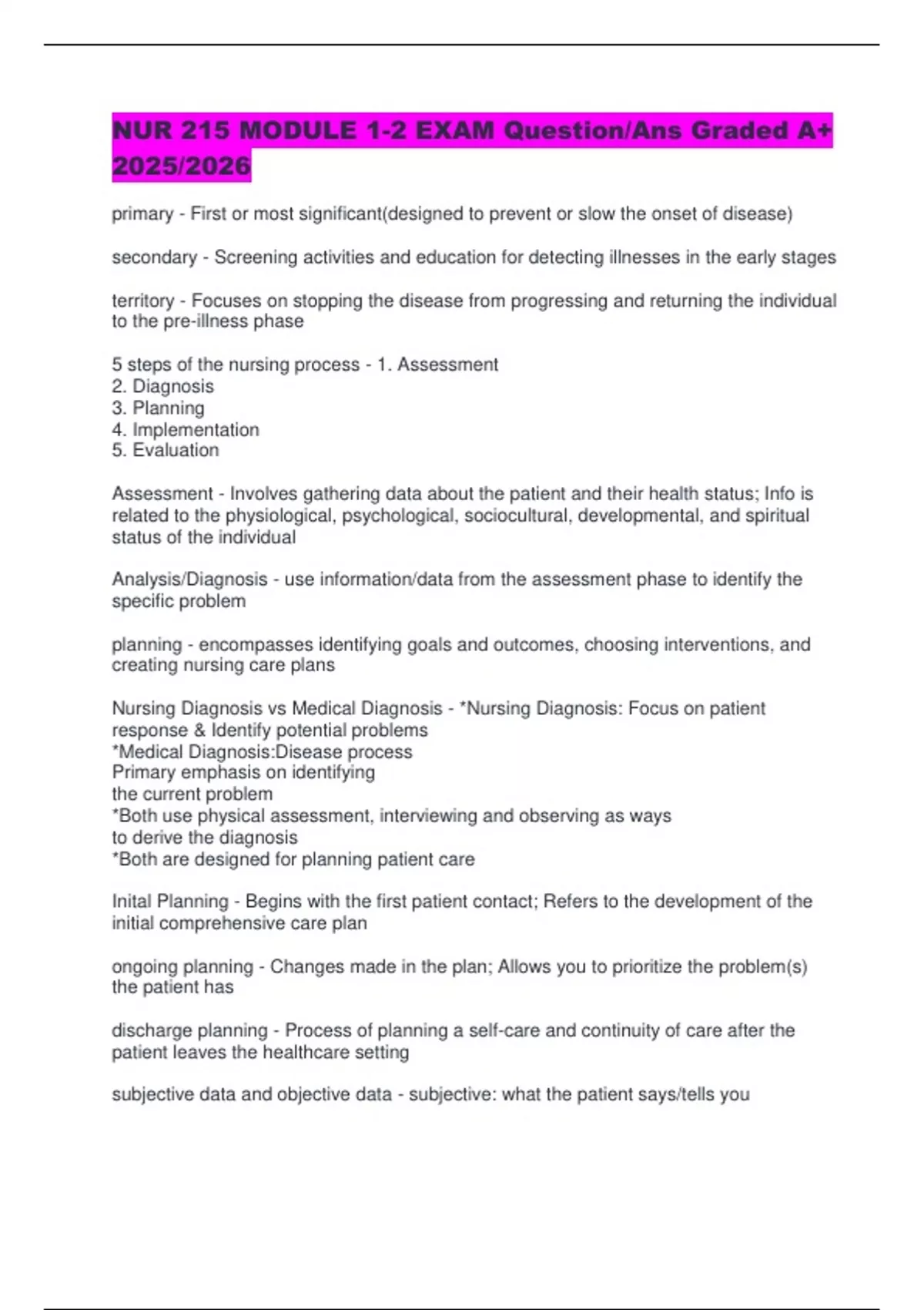 NUR 215 MODULE 1-2 EXAM Question/Ans Graded A+ 2025/2026 - NUR 215 ...