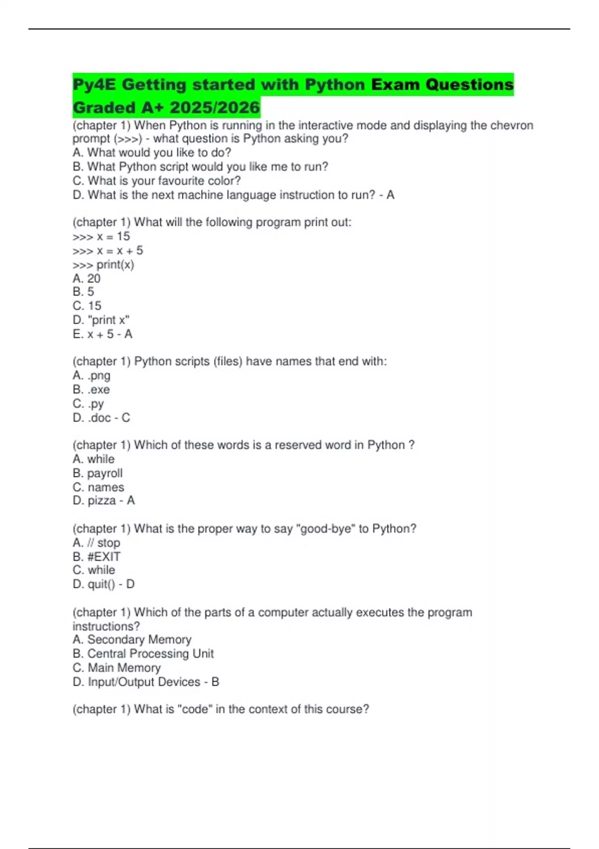 Py4E Getting started with Python Exam Questions Graded A+ 2025/2026 ...