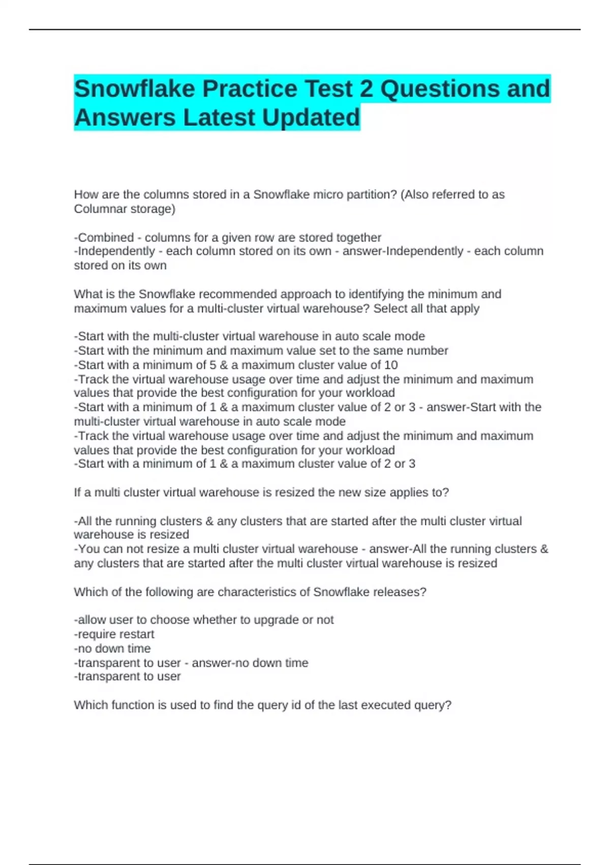 Snowflake Practice Test 2 Questions and Answers Latest Updated ...