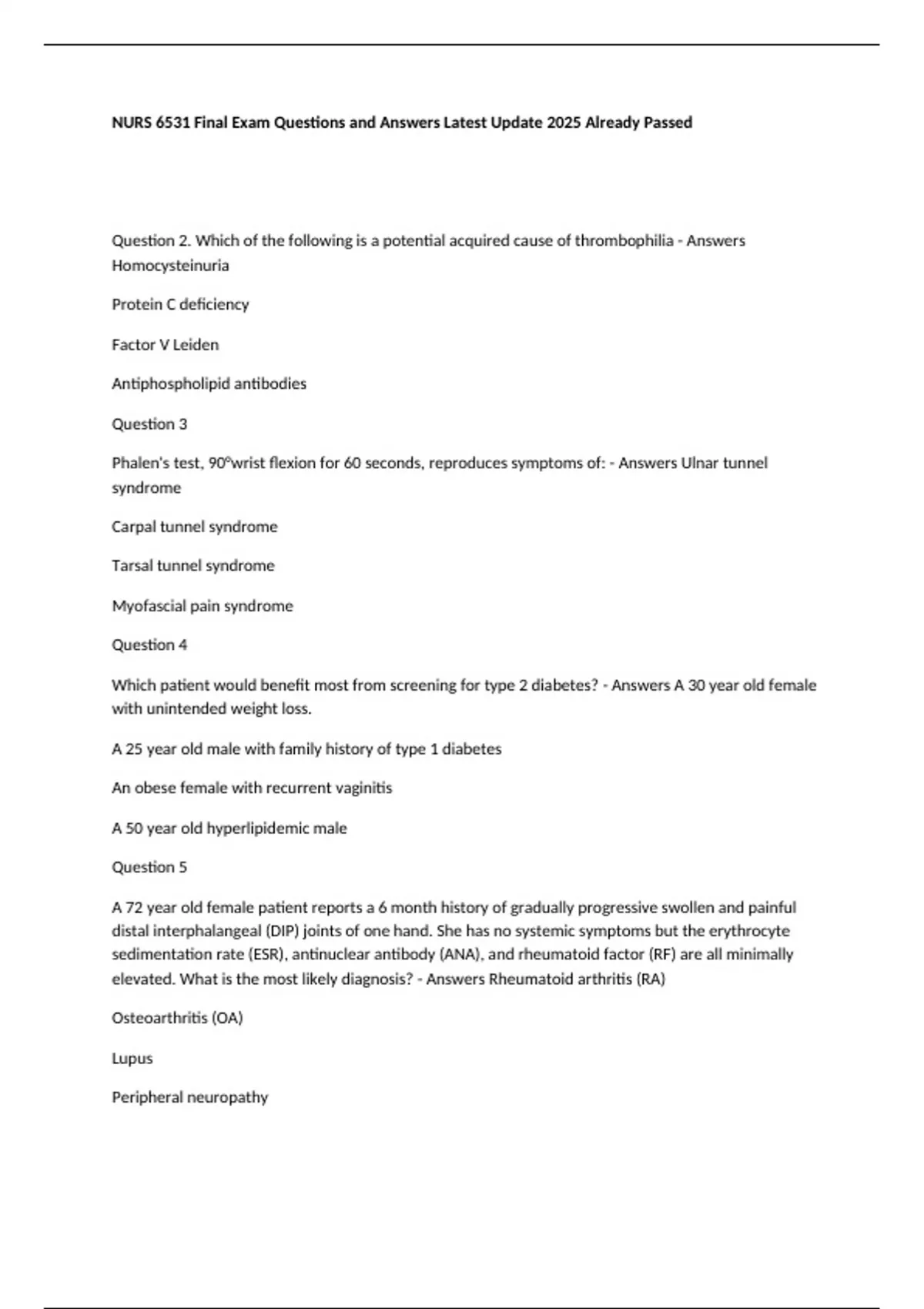 NURS 6531 Final Exam Questions and Answers Latest Update 2025 Already ...