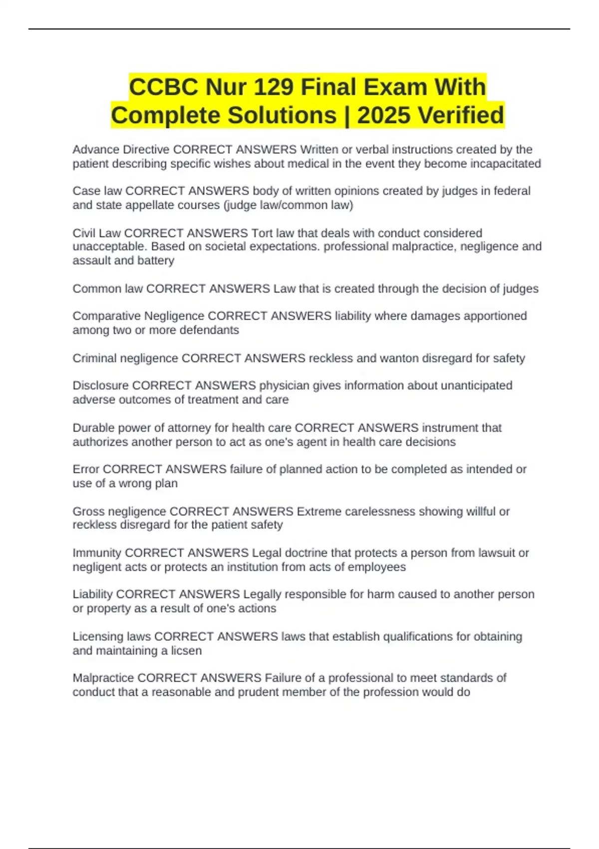 CCBC Nur 129 Final Exam With Complete Solutions 2025 Verified CCBC