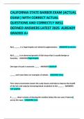 CALIFORNIA STATE BARBER EXAM &lpar;ACTUAL EXAM &rpar; WITH CORRECT ACTUAL QUESTIONS AND CORRECTLY WELL DEFINED ANSWERS LATEST 2025  ALREADY GRADED A&plus; 