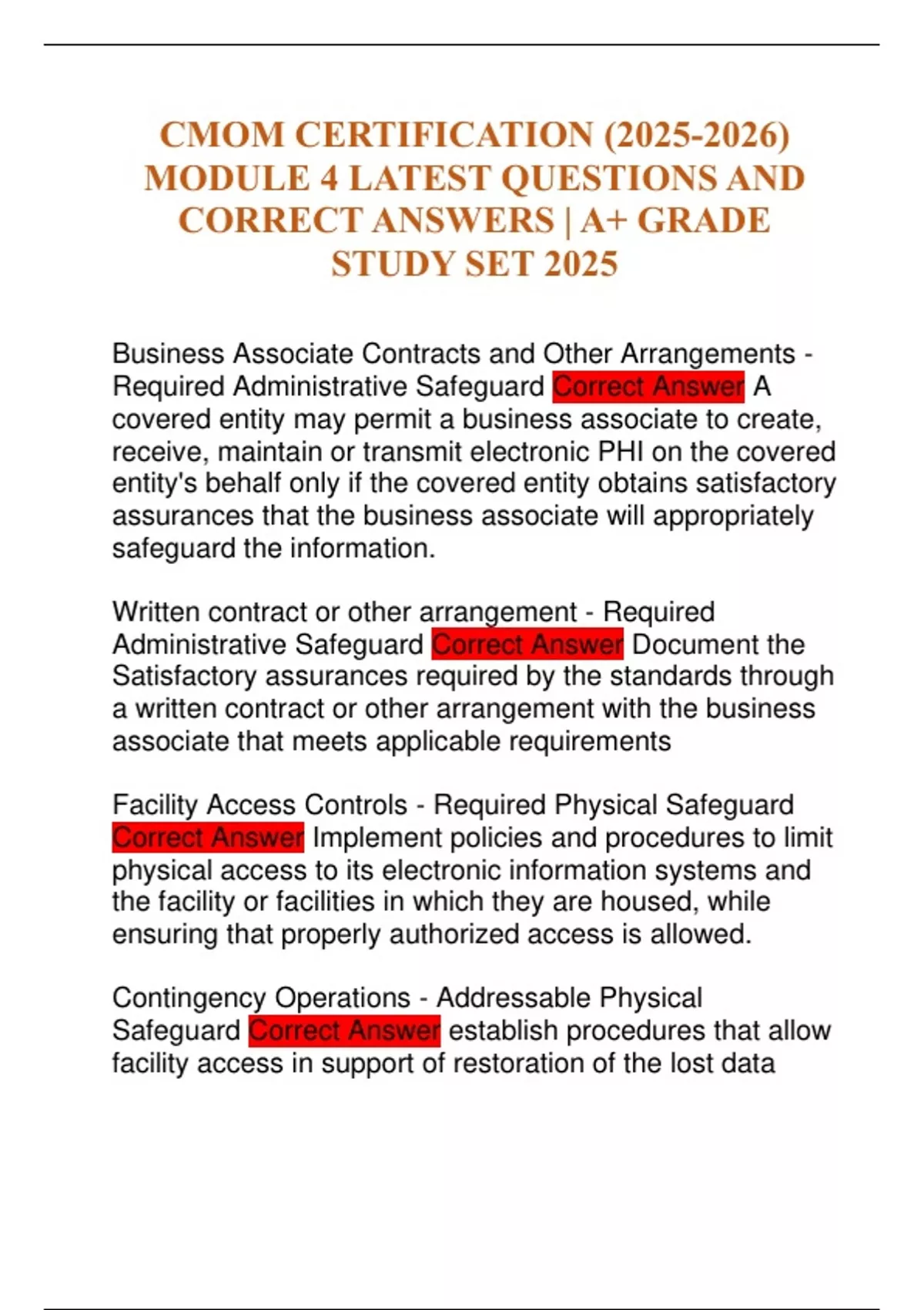 CMOM CERTIFICATION () MODULE 4 LATEST QUESTIONS AND CORRECT ANSWERS
