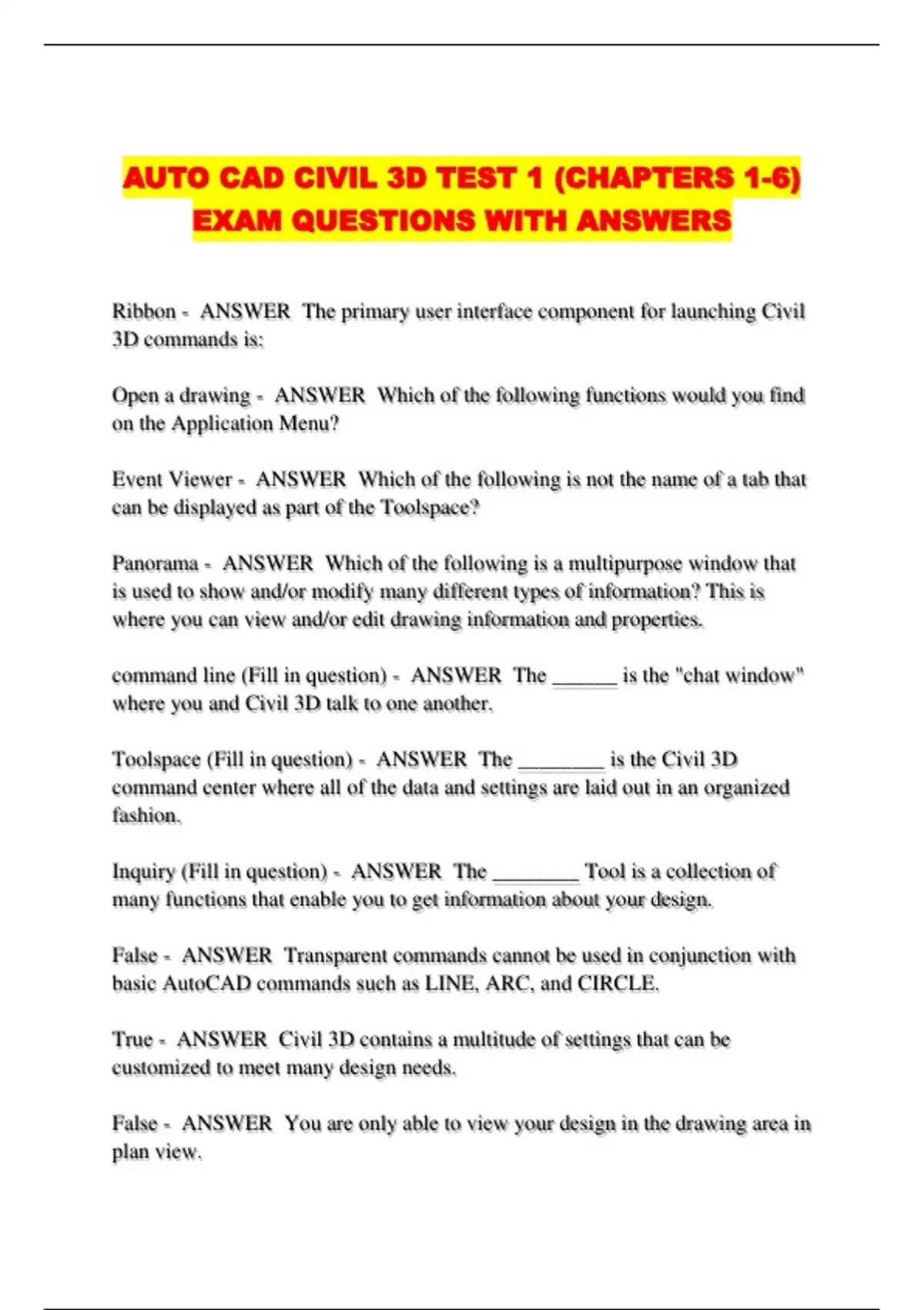 AUTO CAD CIVIL 3D TEST 1 (CHAPTERS 1-6) EXAM QUESTIONS WITH ANSWERS ...