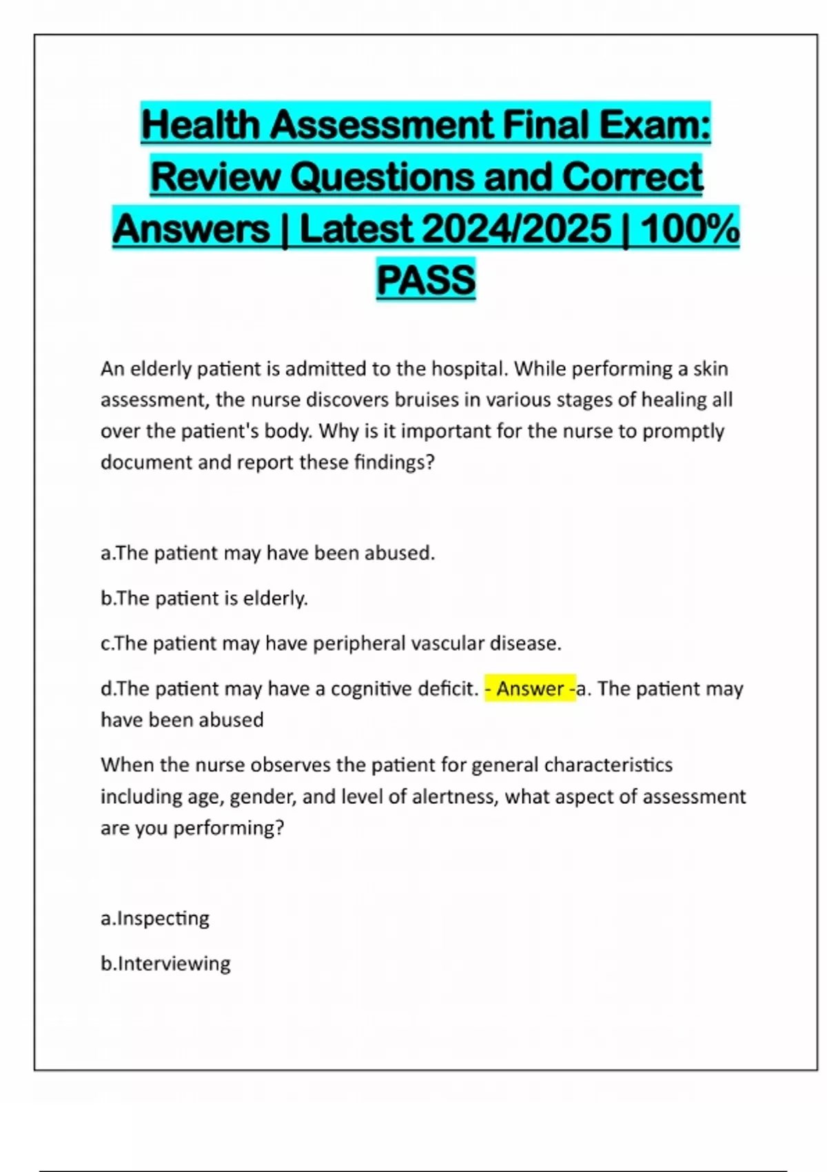 Health Assessment Final Exam: Review Questions and Correct Answers ...