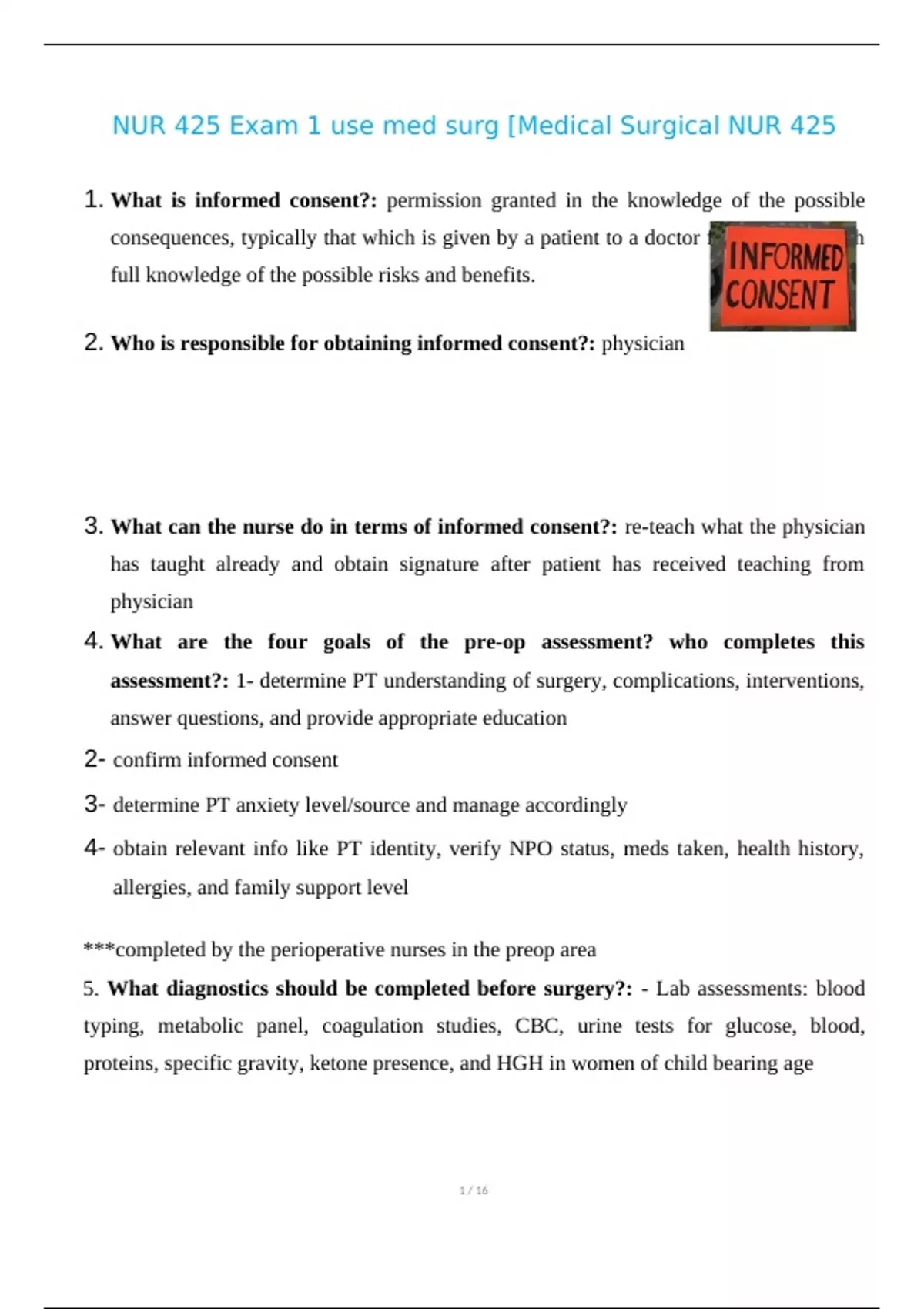 NUR 425 Exam 1 med surg [Medical Surgical NUR 425] with over 300 ...