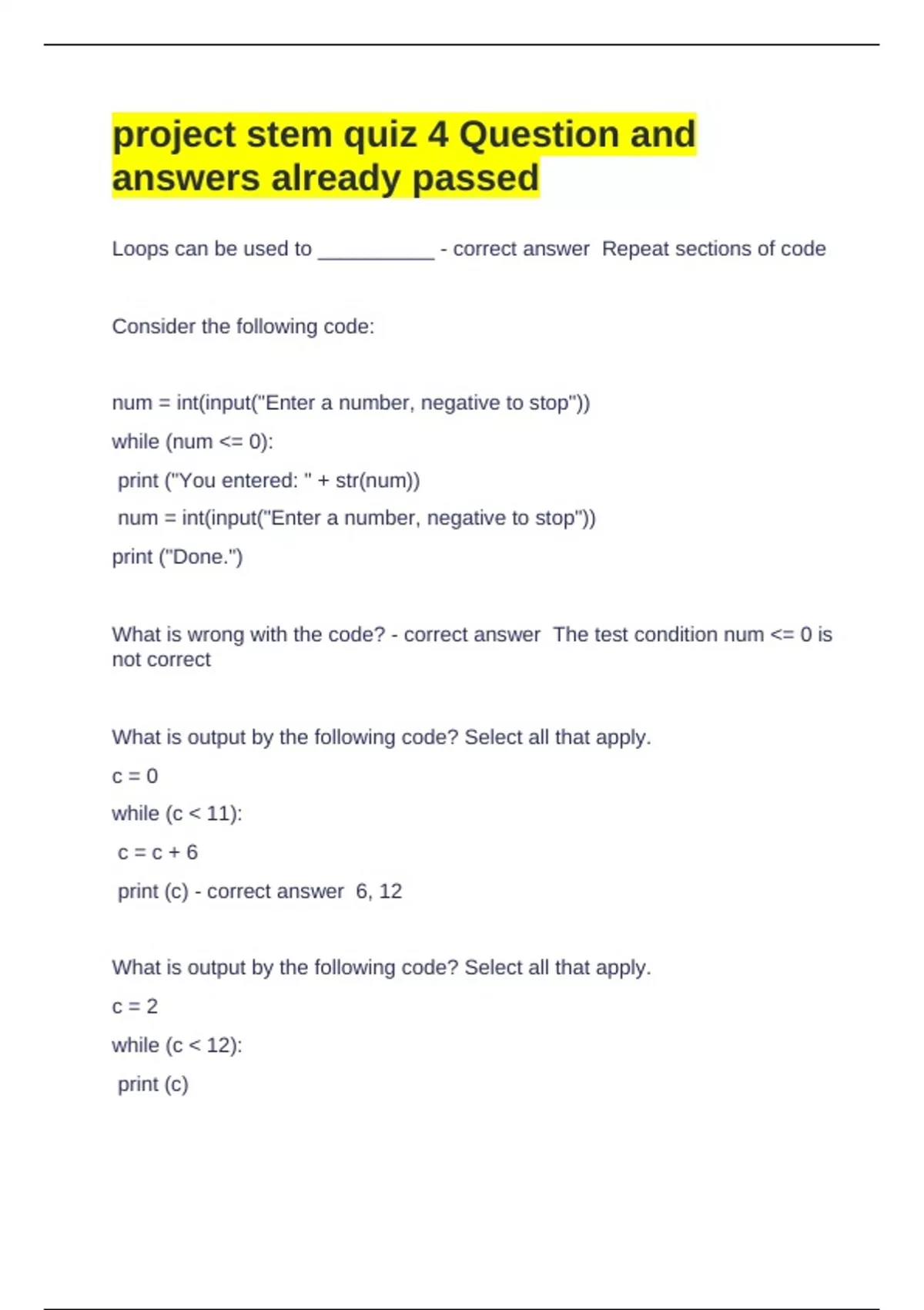 project stem quiz 4 Question and answers already passed - VBMC - Stuvia US
