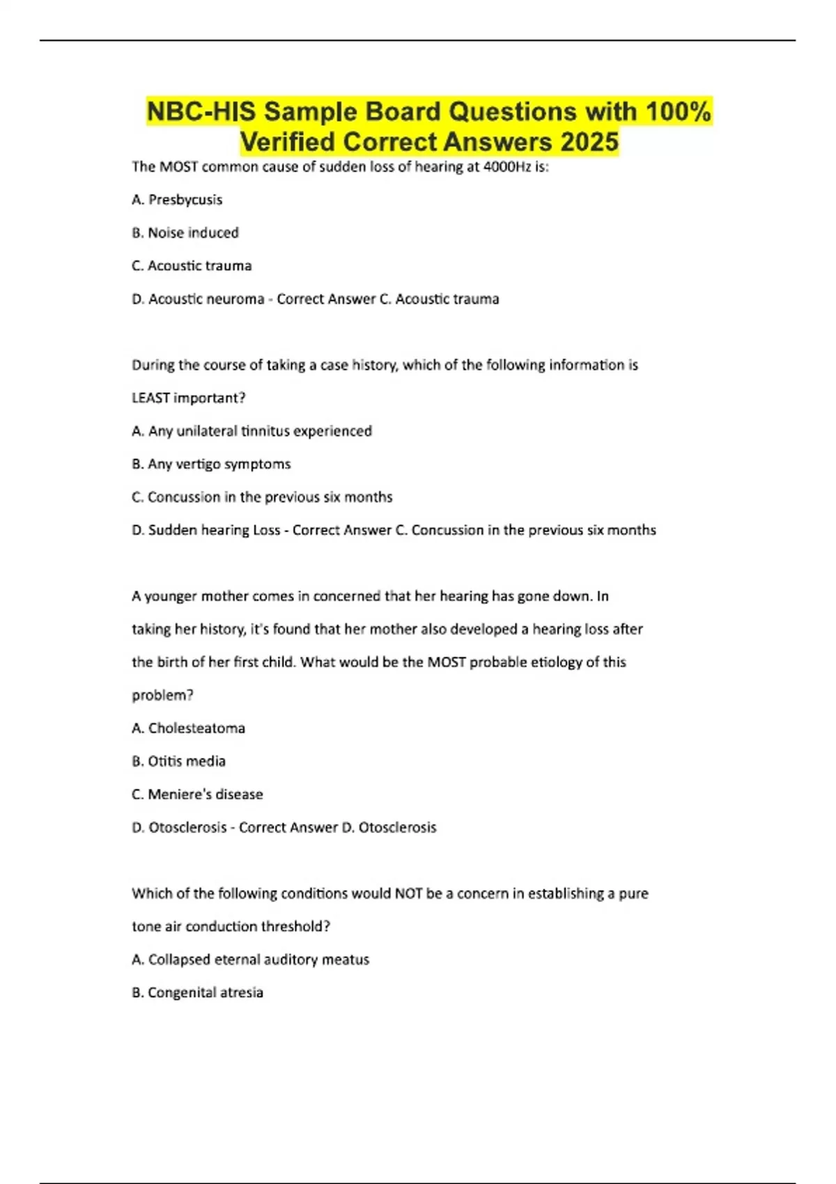 NBC-HIS Sample Board Questions with 100% Verified Correct Answers 2025 ...