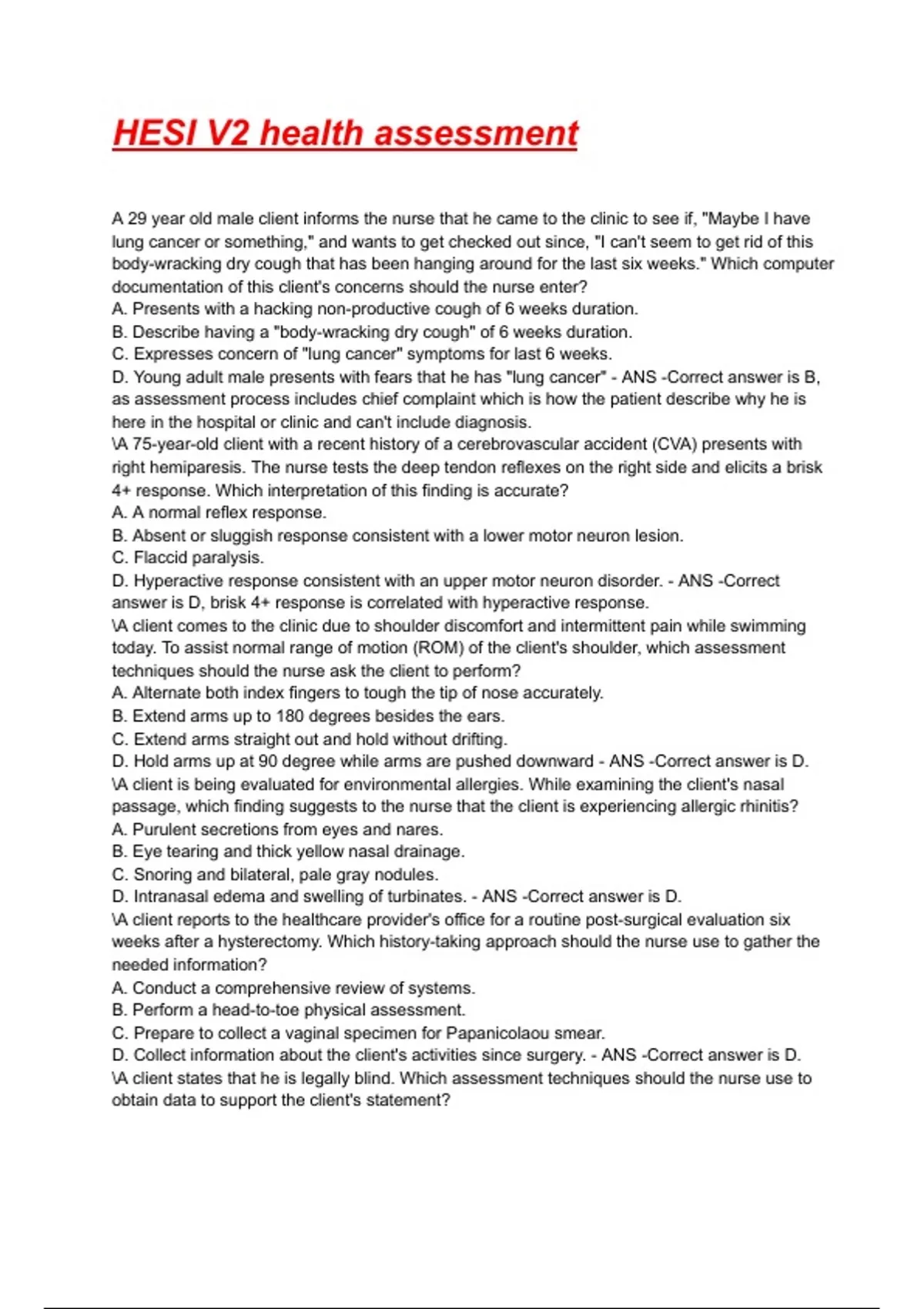 Hesi health assessment Exam 2025/2026 Questions With Completed ...