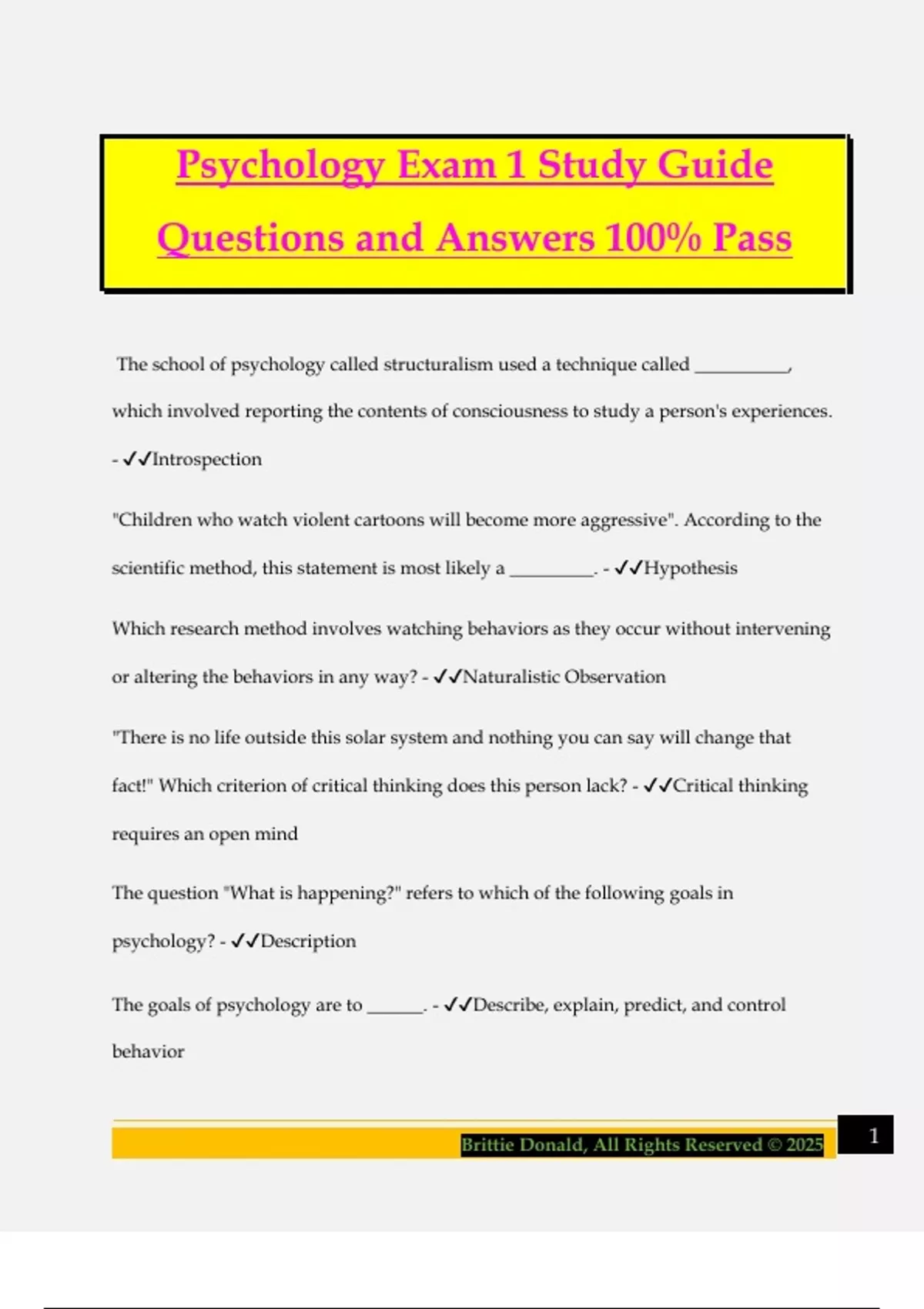 Psychology Exam 1 Study Guide Questions and Answers 100% Pass - Psych ...