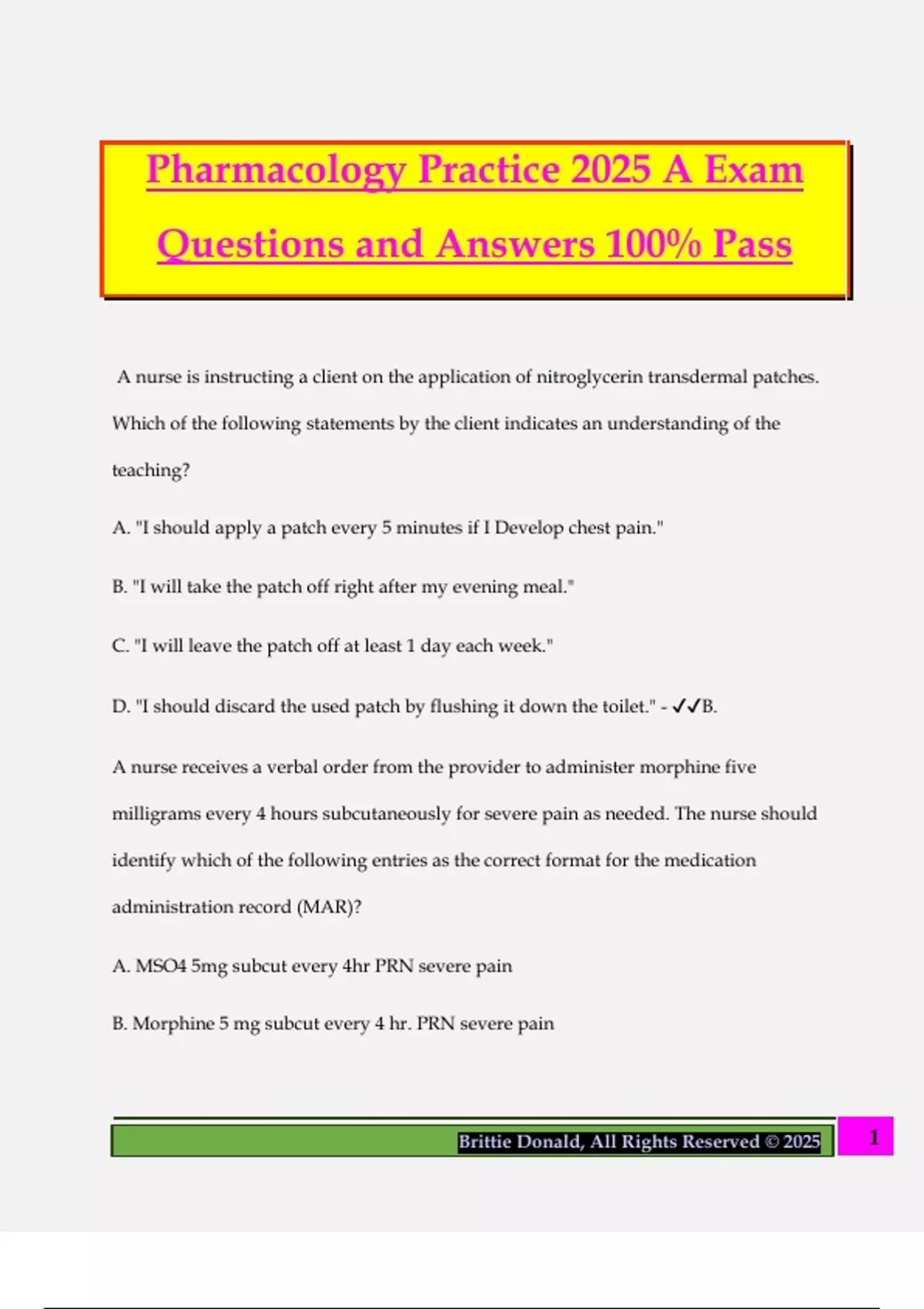 Pharmacology Practice 2025 A Exam Questions and Answers 100% Pass ...