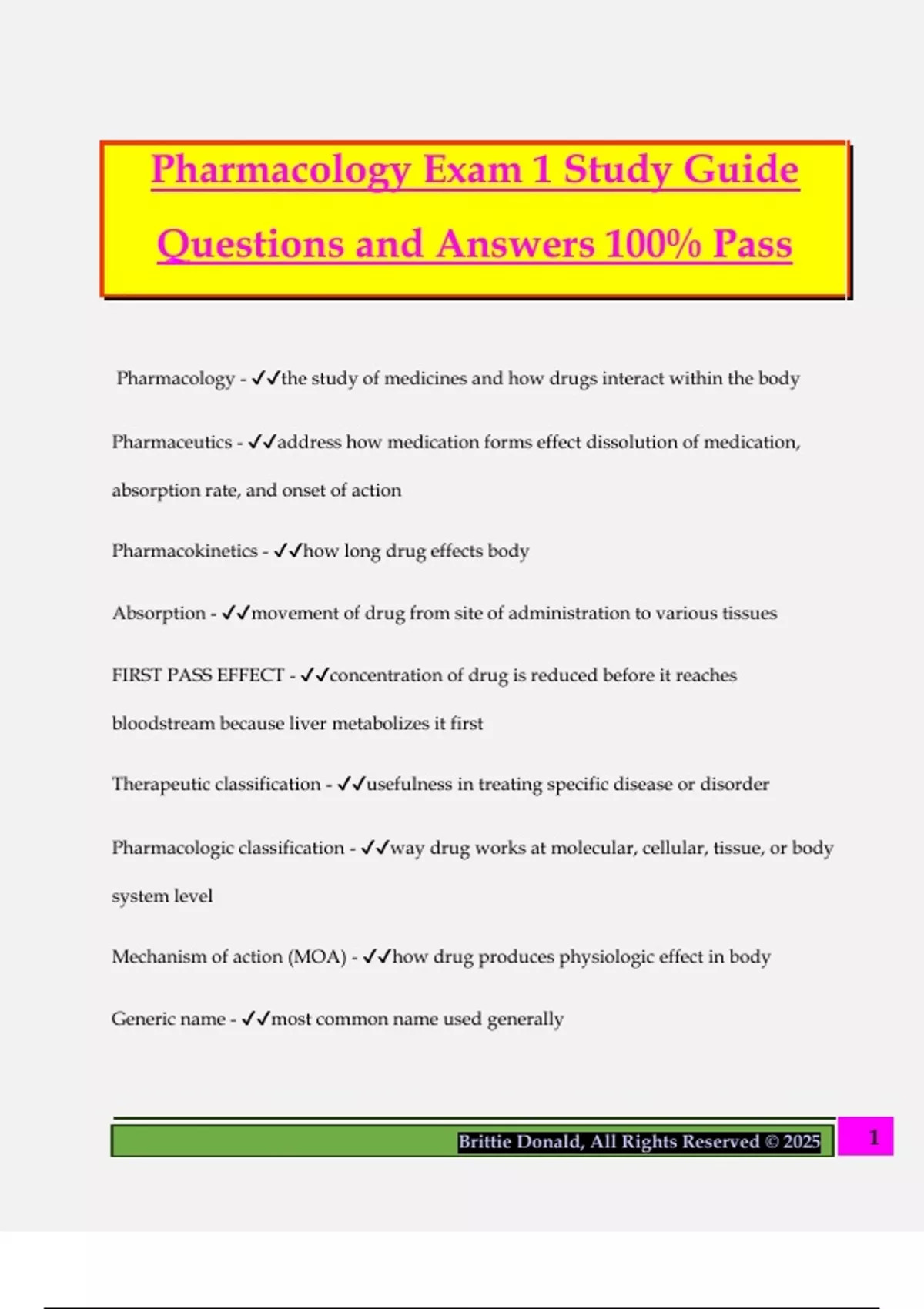 Pharmacology Exam 1 Study Guide Questions and Answers 100% Pass ...