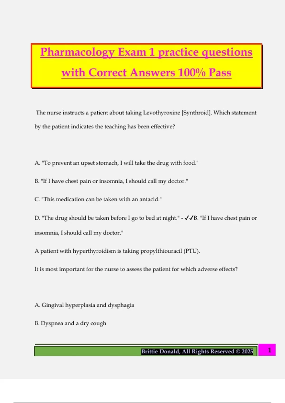 Pharmacology Exam 1 practice questions with Correct Answers 100% Pass ...