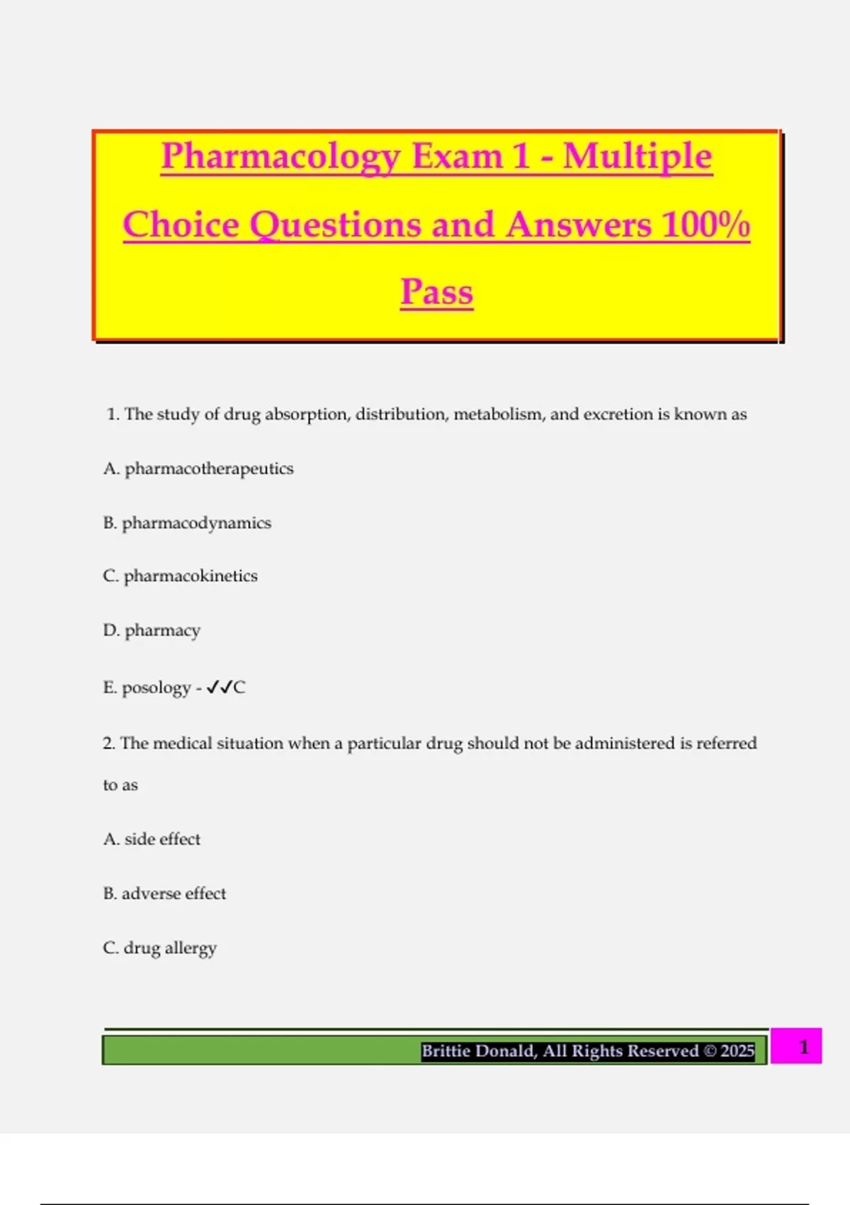 Pharmacology Exam 1 - Multiple Choice Questions and Answers 100% Pass ...