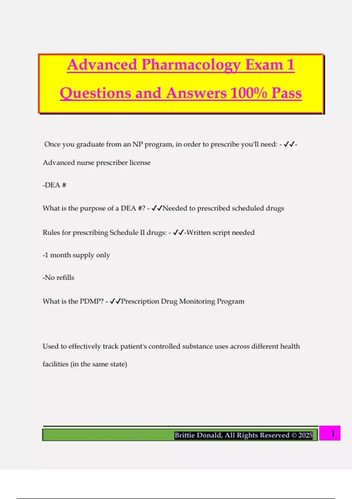 Advanced Pharmacology Exam 1 Questions And Answers 100 Pass Advanced pharmacology exam 1 questions and answers 100 pass