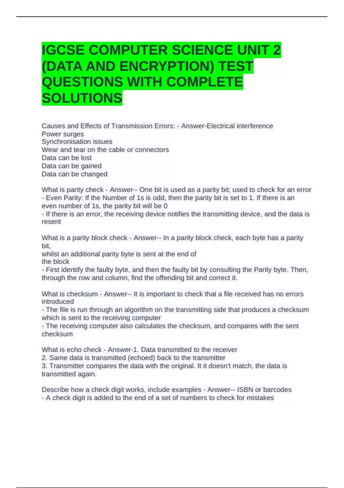 IGCSE COMPUTER SCIENCE UNIT 2 (DATA AND ENCRYPTION) TEST QUESTIONS WITH ...