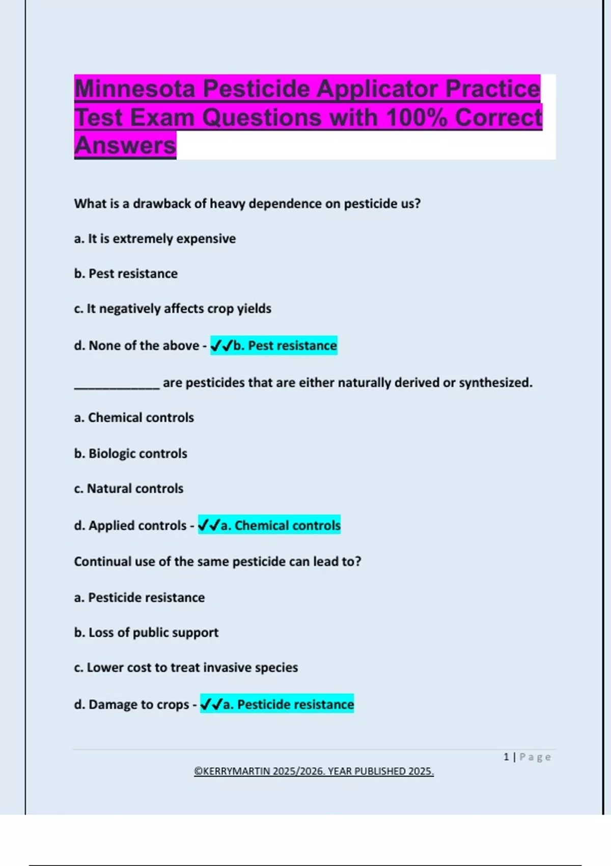 Minnesota Pesticide Applicator Practice Test Exam Questions with 100% Correct Answers ...