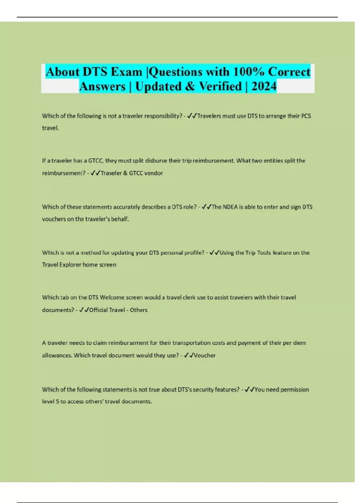 About DTS Exam |Questions with 100% Correct Answers | Updated ...