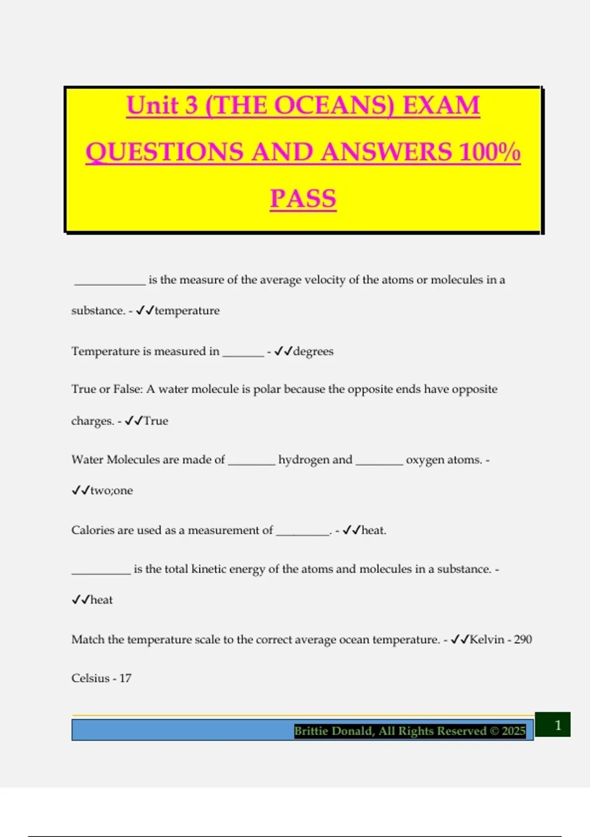 Unit 3 (THE OCEANS) EXAM QUESTIONS AND ANSWERS 100% PASS - Ocean 100 ...