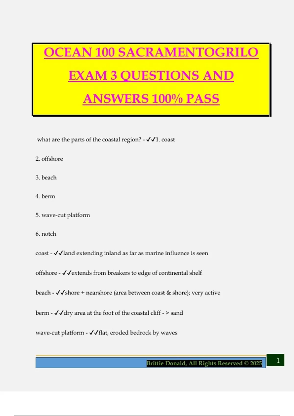 OCEAN 100 SACRAMENTOGRILO EXAM 3 QUESTIONS AND ANSWERS 100% PASS ...