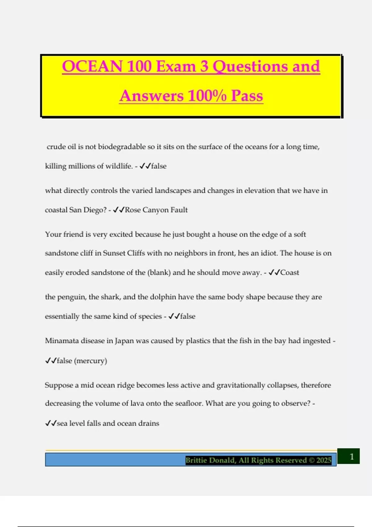 OCEAN 100 Exam 3 Questions and Answers 100% Pass - Ocean 100 - Stuvia US