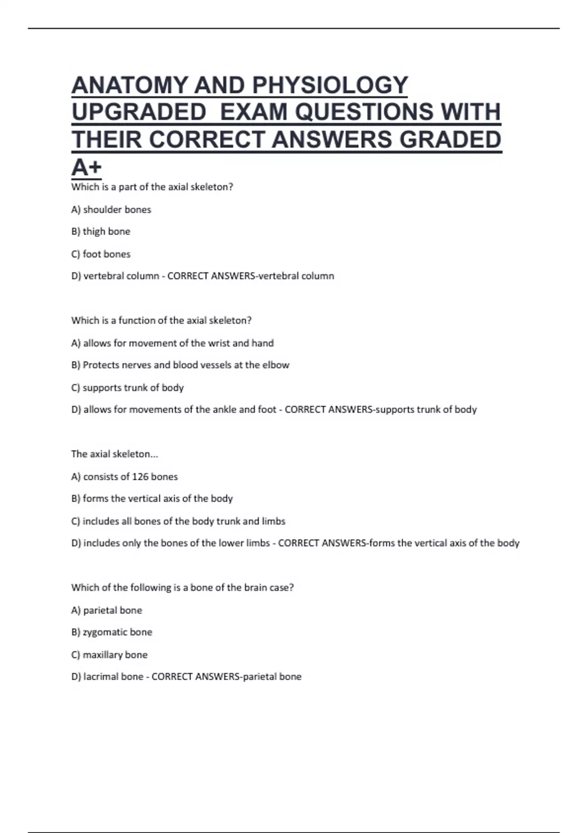ANATOMY AND PHYSIOLOGY UPGRADED EXAM QUESTIONS WITH THEIR CORRECT ...